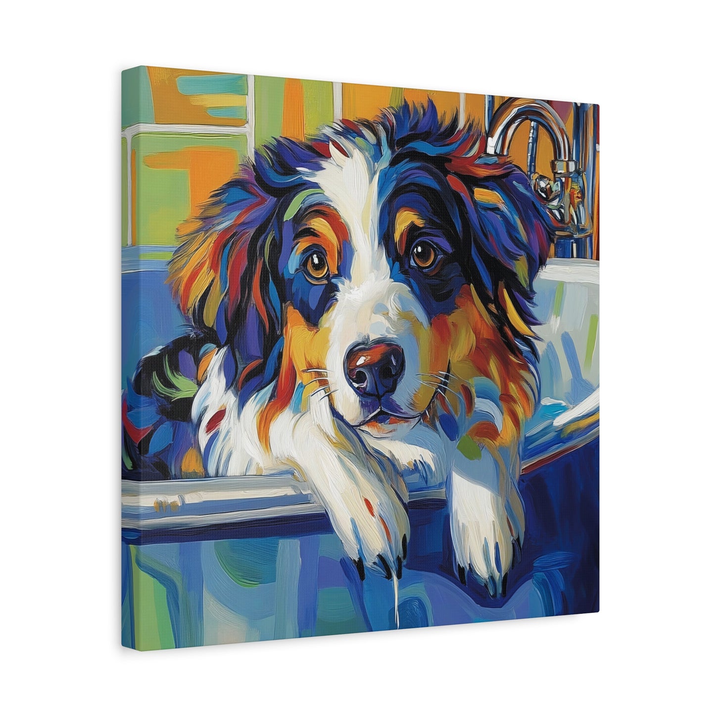 Aussie Bathtub Canvas, Australian Shepherd Art, Aussie Canvas, Tri Color Australian Shepherd Art, Dog Bathtub Prints