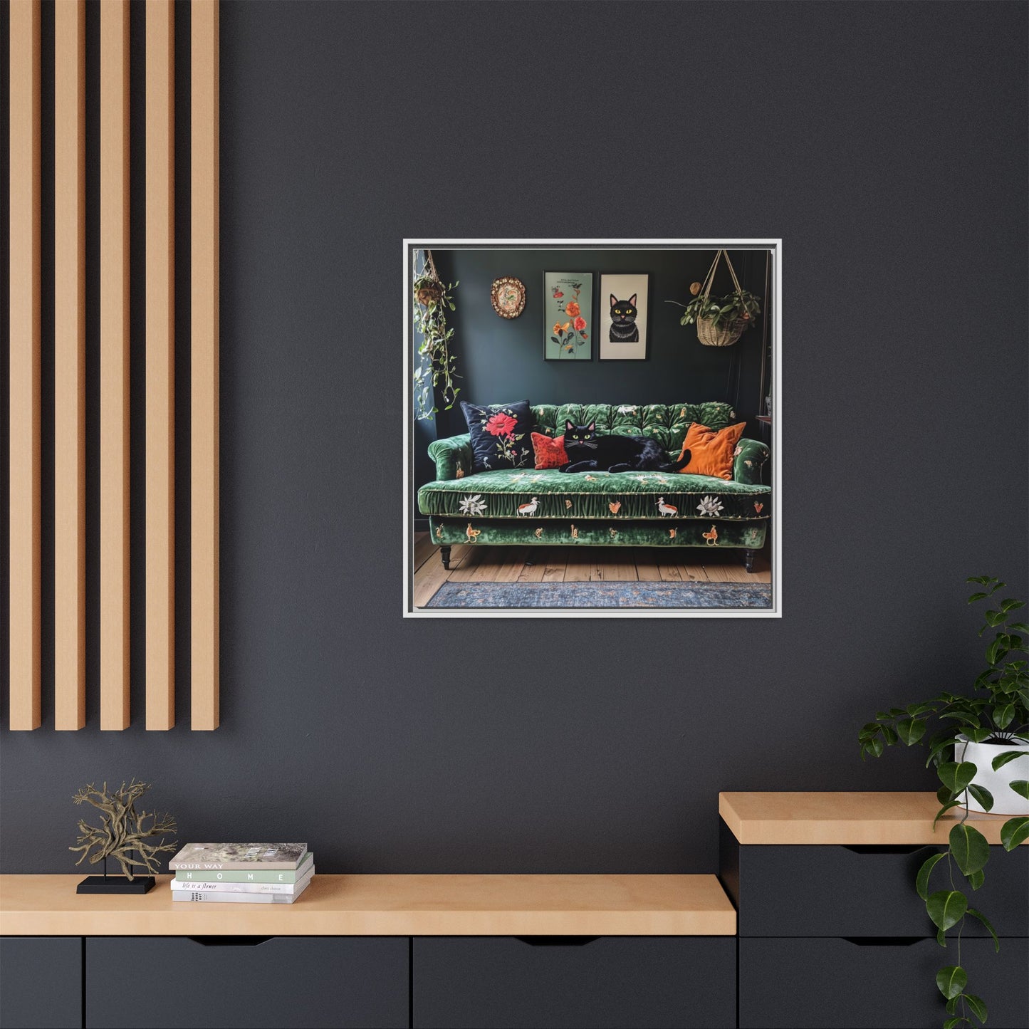 Black "House Cat" Living Room Art Matte Canvas Framed, Green Sofa Boho