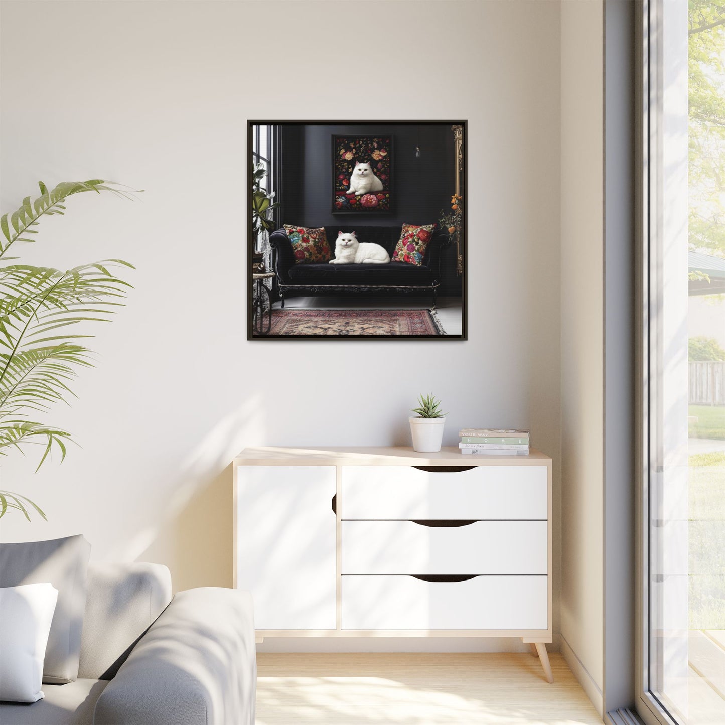 White Persian "House Cat" Portrait Matte Canvas Framed | Floral Still Life Wall Art