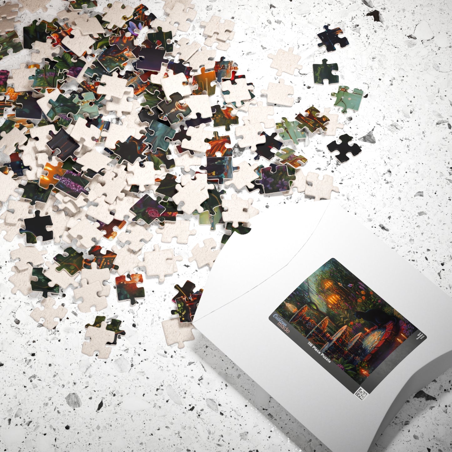 Enchanted Garden Fountain Black Cat puzzle | 520-piece jigsaw, candlelit forest scene