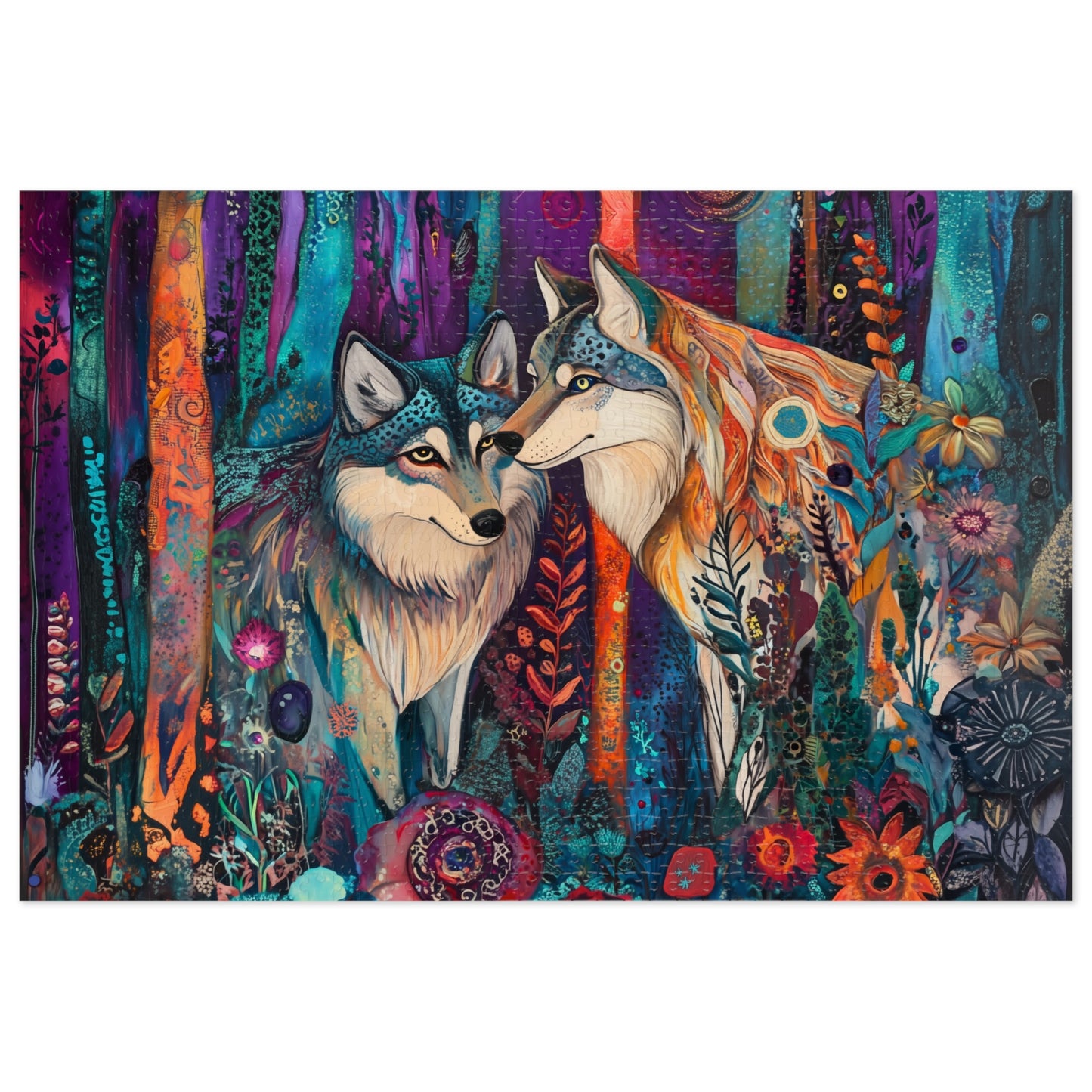Mystic Wolves jigsaw puzzle with tin | colorful forest wolf art