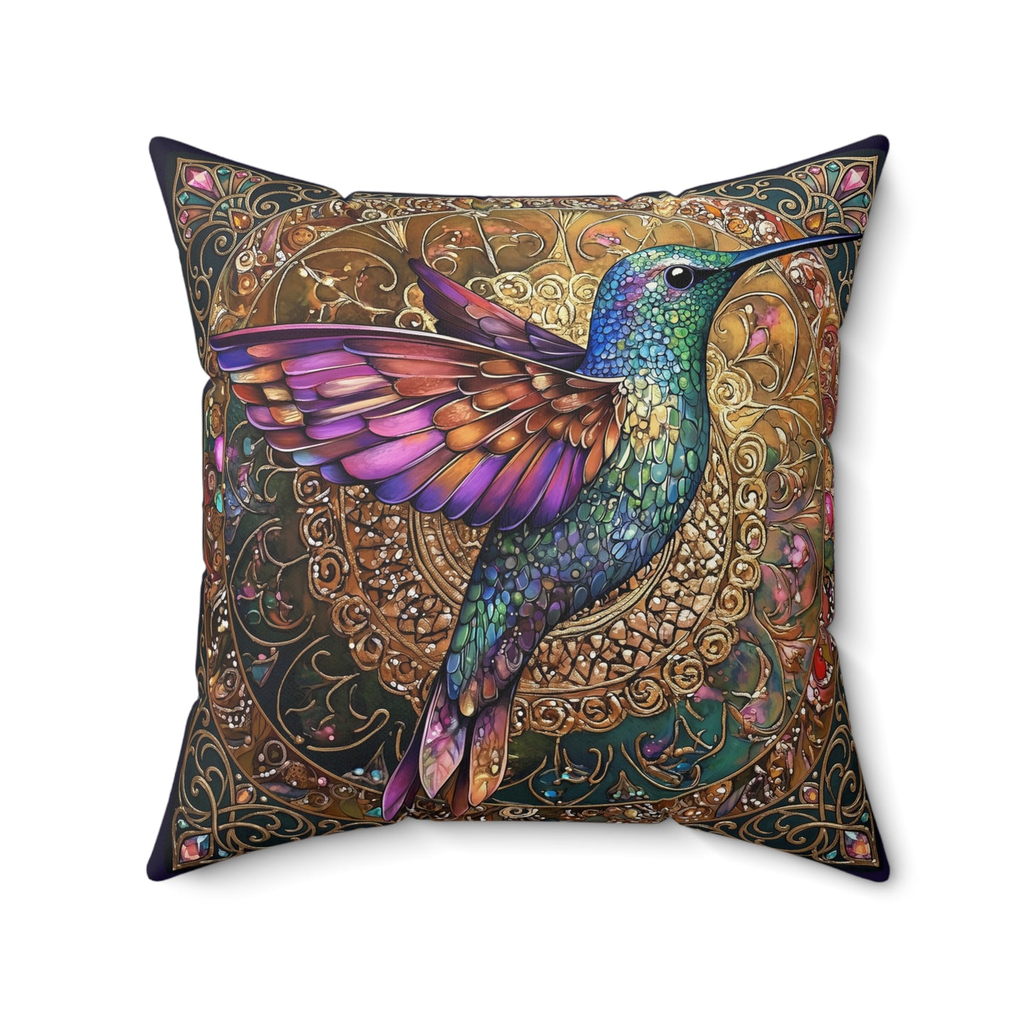 Colorful Hummingbird Mandala Faux Suede Pillow  Decorative Throw Pillow