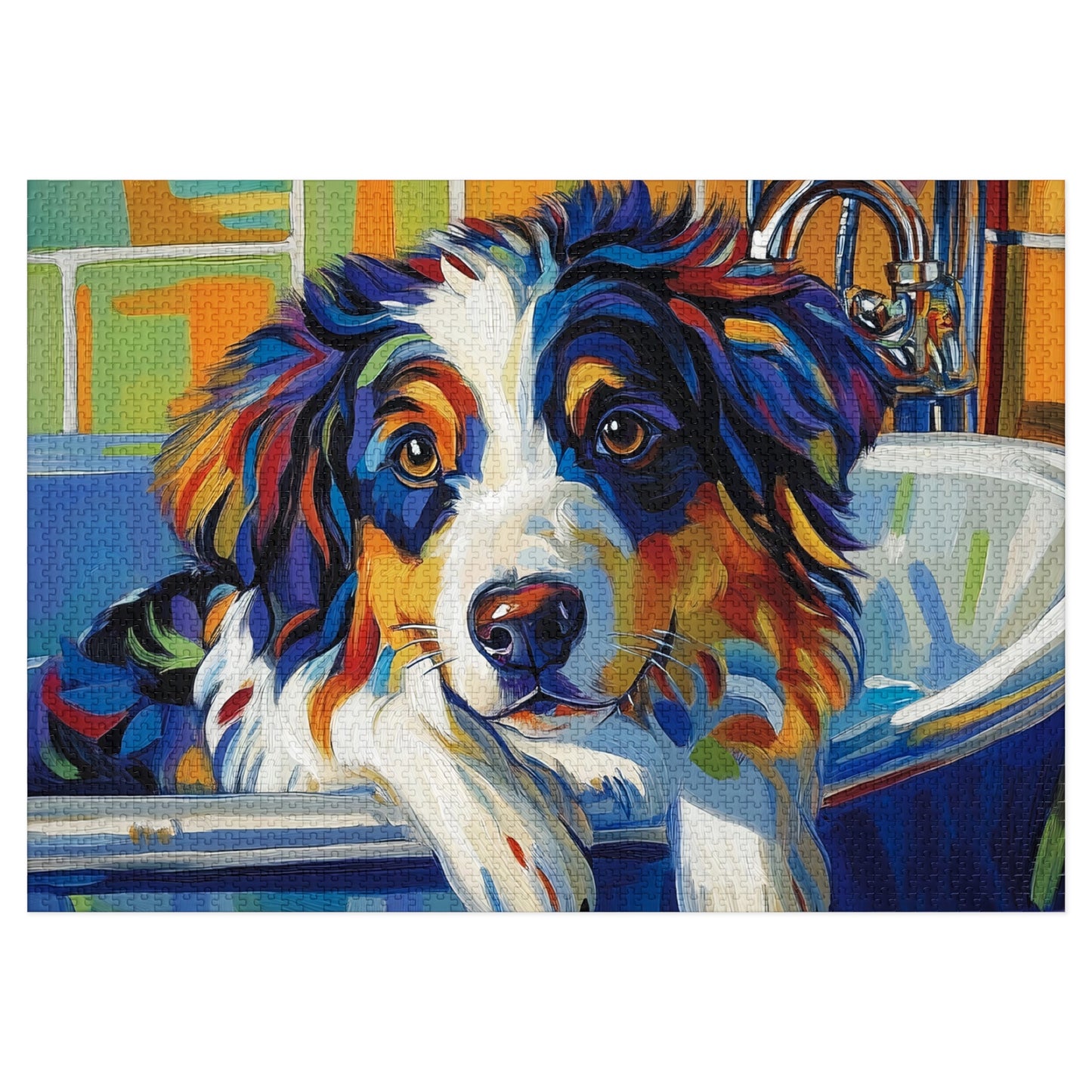 Bathtub Puppy Aussie Dog Jigsaw Puzzle with Tin | 500pc Painted Pet Art, Australian Shepherd Gift