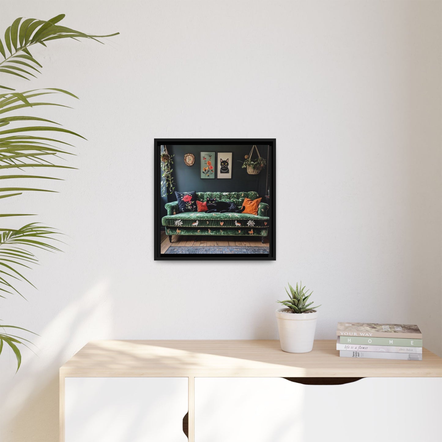 Black "House Cat" Living Room Art Matte Canvas Framed, Green Sofa Boho