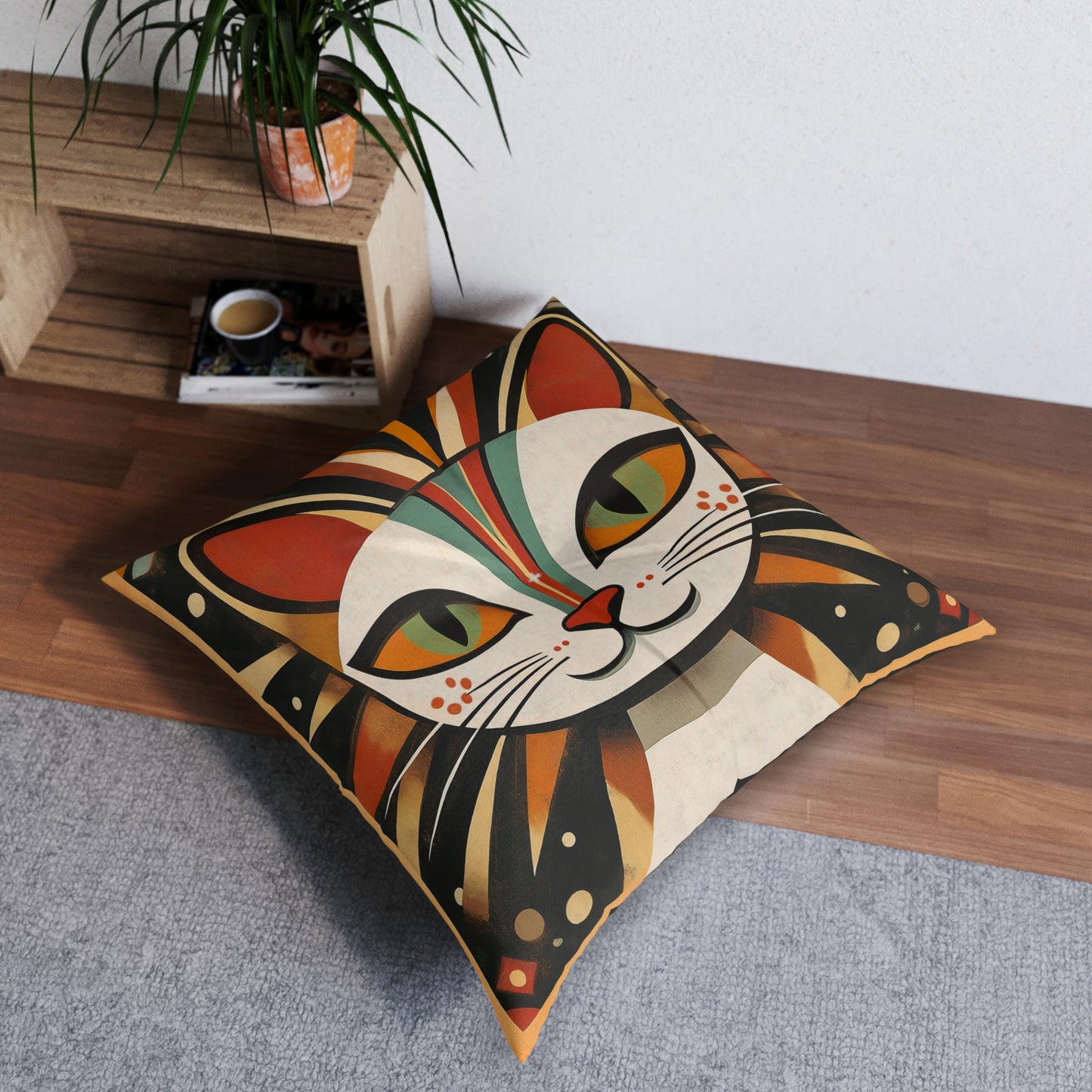Retro Mid Century Modern Colorful Cat Face Tufted Floor Pillow | Square