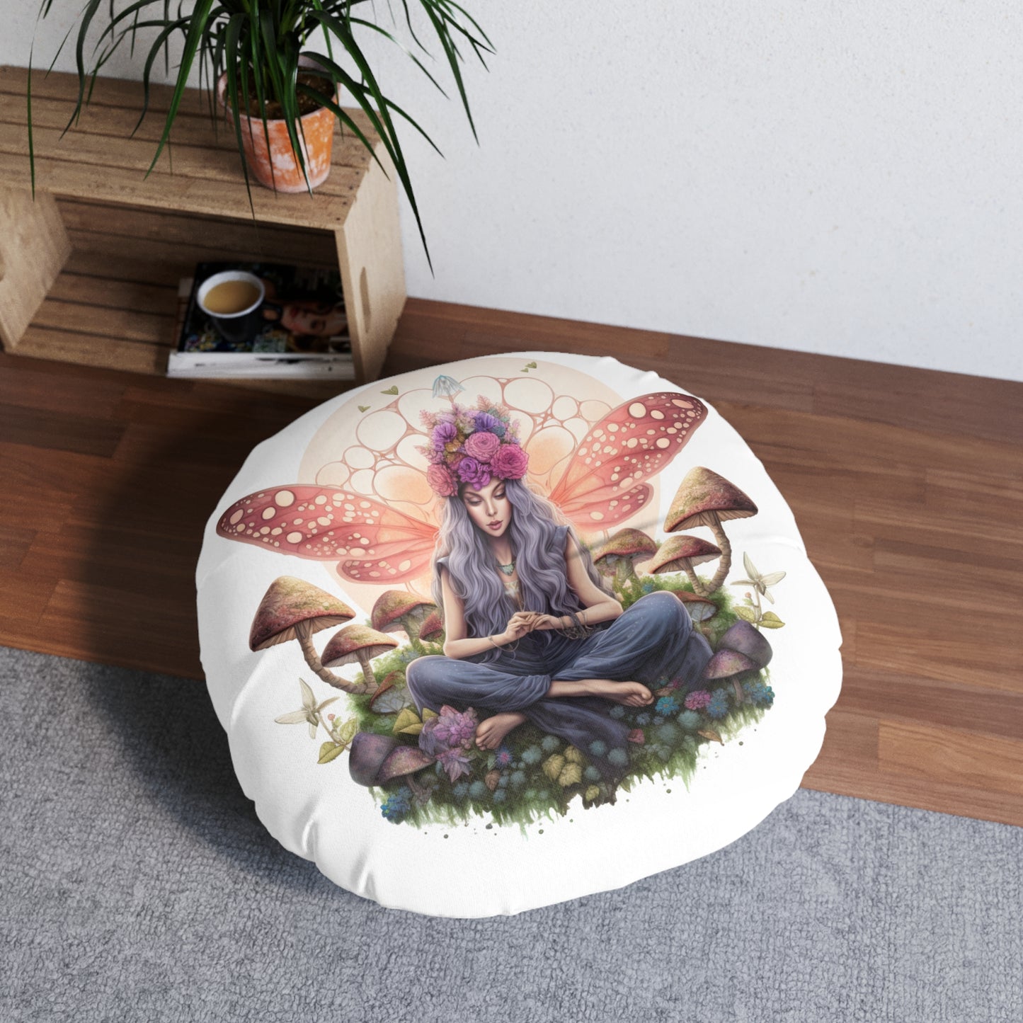 Bohemian Butterfly Tufted Floor Pillow, Round Decorative Cushion for Home Decor, Meditation, Relaxation, Gift