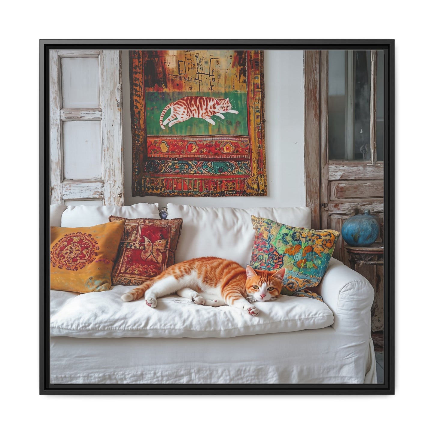 Orange Tabby "House Cat" Sleeping Ginger Cat Sofa Photo Framed Canvas