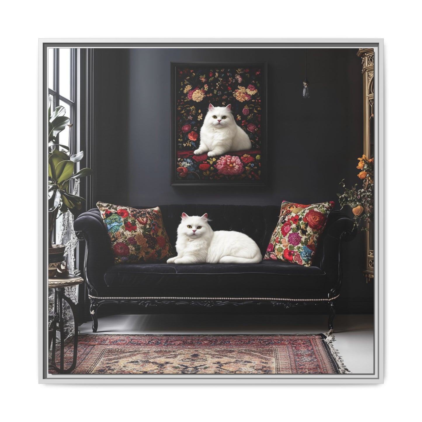 White Persian "House Cat" Portrait Matte Canvas Framed | Floral Still Life Wall Art
