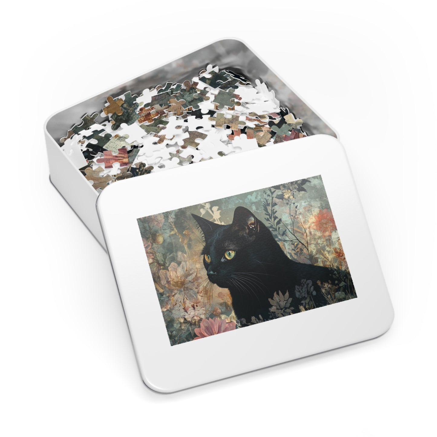 Black Cat Floral Art Jigsaw Puzzle with Tin
