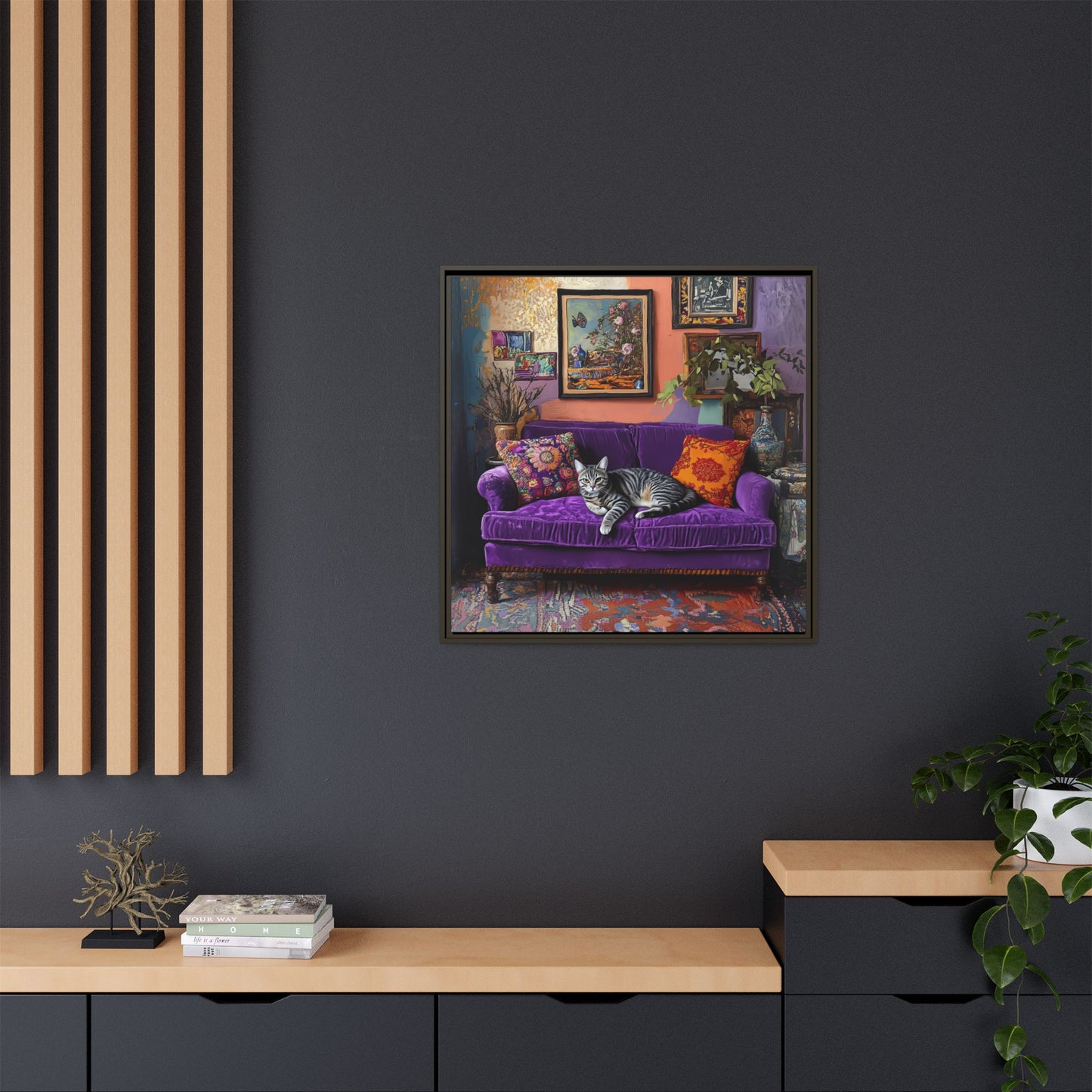Tabby "House Cat" on Purple Velvet Sofa Matte Canvas Framed | Wall Art