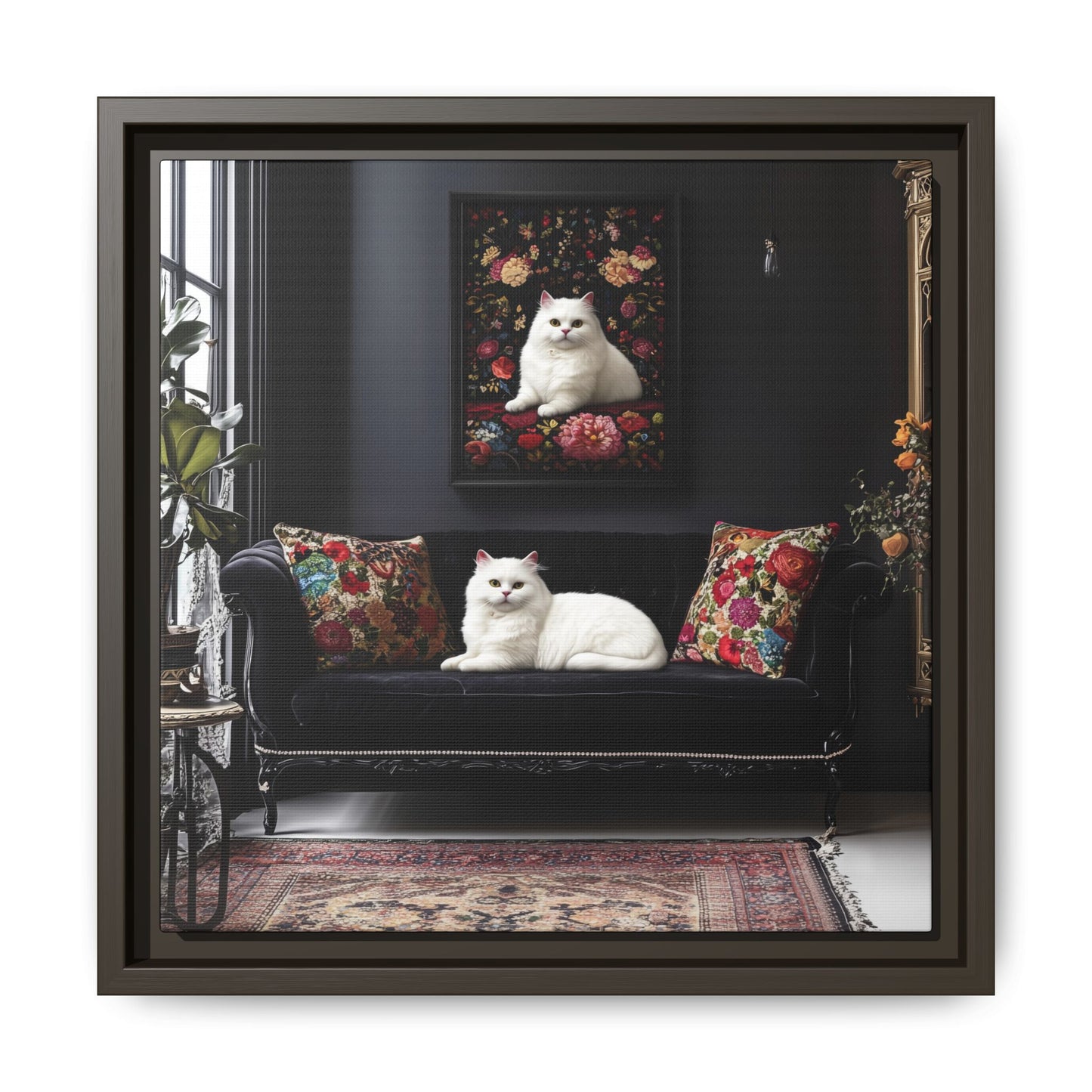 White Persian "House Cat" Portrait Matte Canvas Framed | Floral Still Life Wall Art