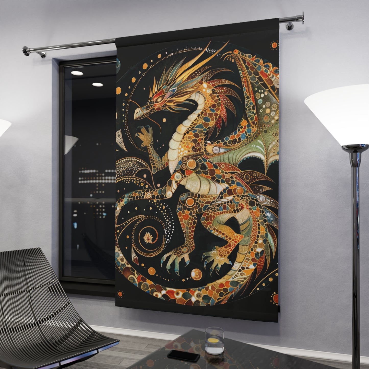 Dragon Art Window Curtain, Bohemian Decor, Living Room Drapes, Fantasy Home Accessories, Unique Gift Idea