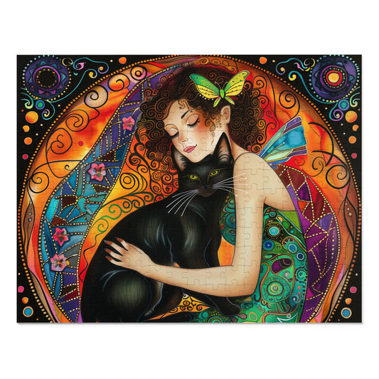 Fairy Embracing Black Cat Jigsaw Puzzle with Tin | Colorful Boho Art