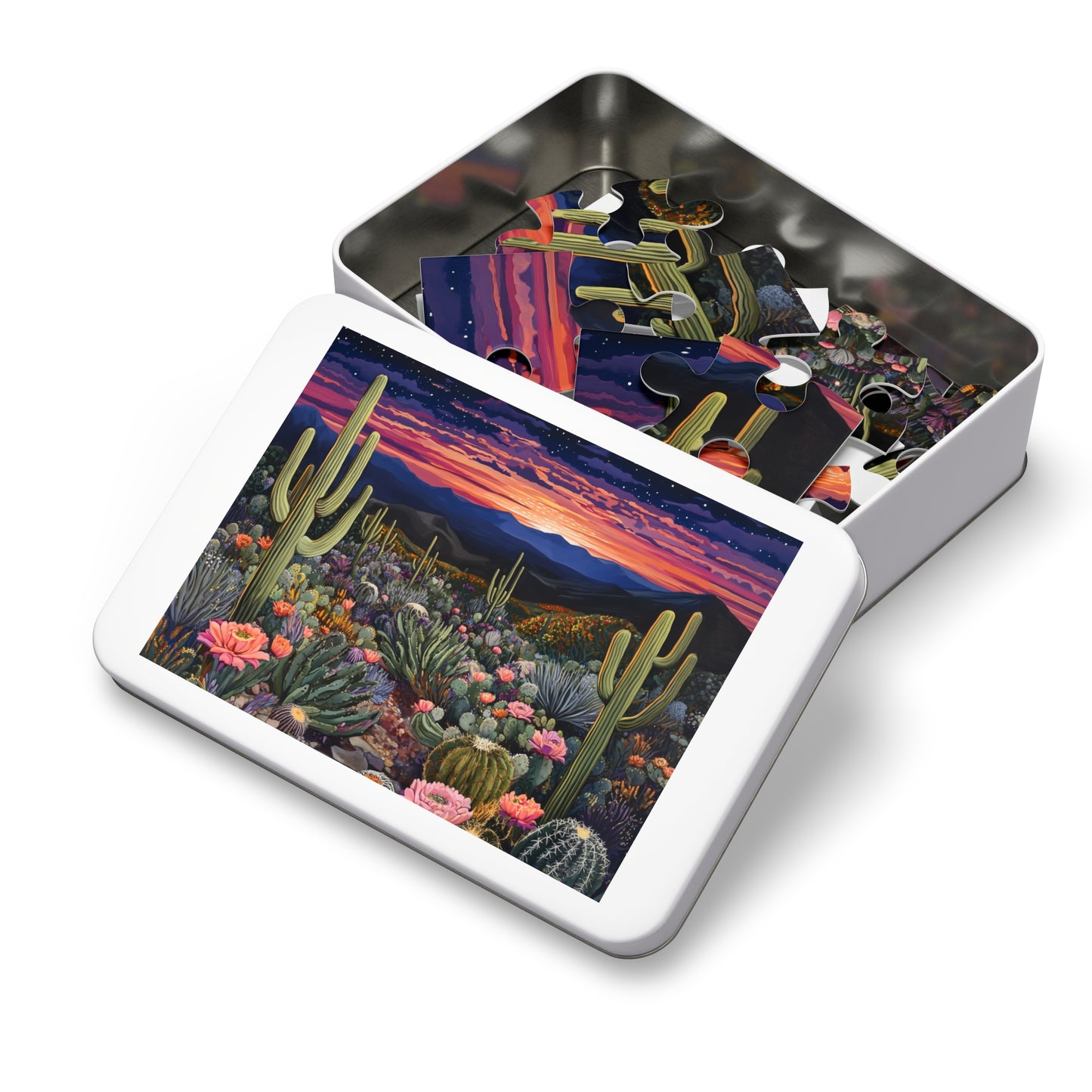 Desert Cactus Sunset Jigsaw Puzzle with Tin | Desert Landscape Puzzle
