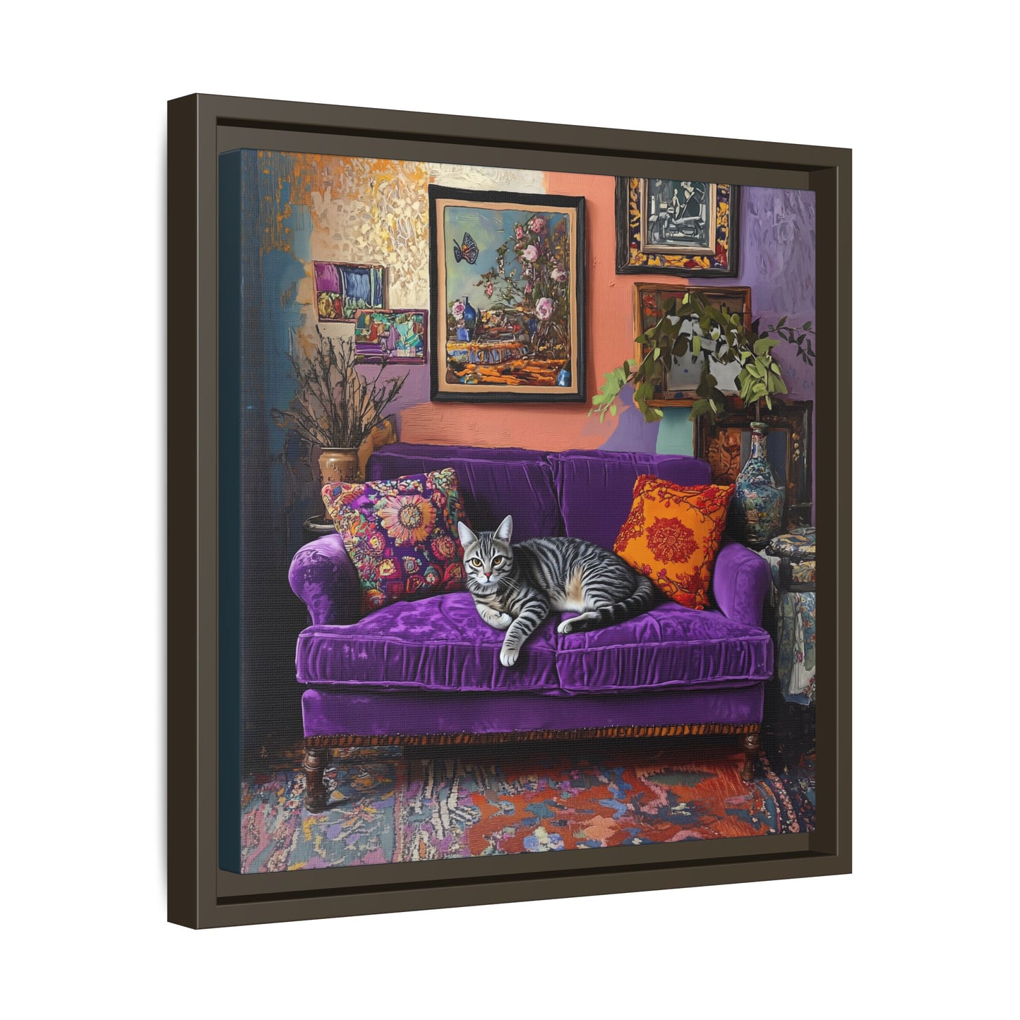 Tabby "House Cat" on Purple Velvet Sofa Matte Canvas Framed | Wall Art