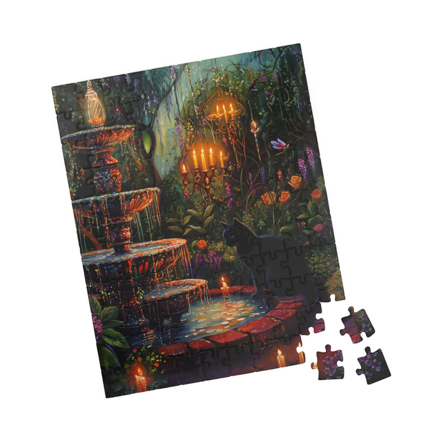 Enchanted Garden Fountain Black Cat puzzle | 520-piece jigsaw, candlelit forest scene