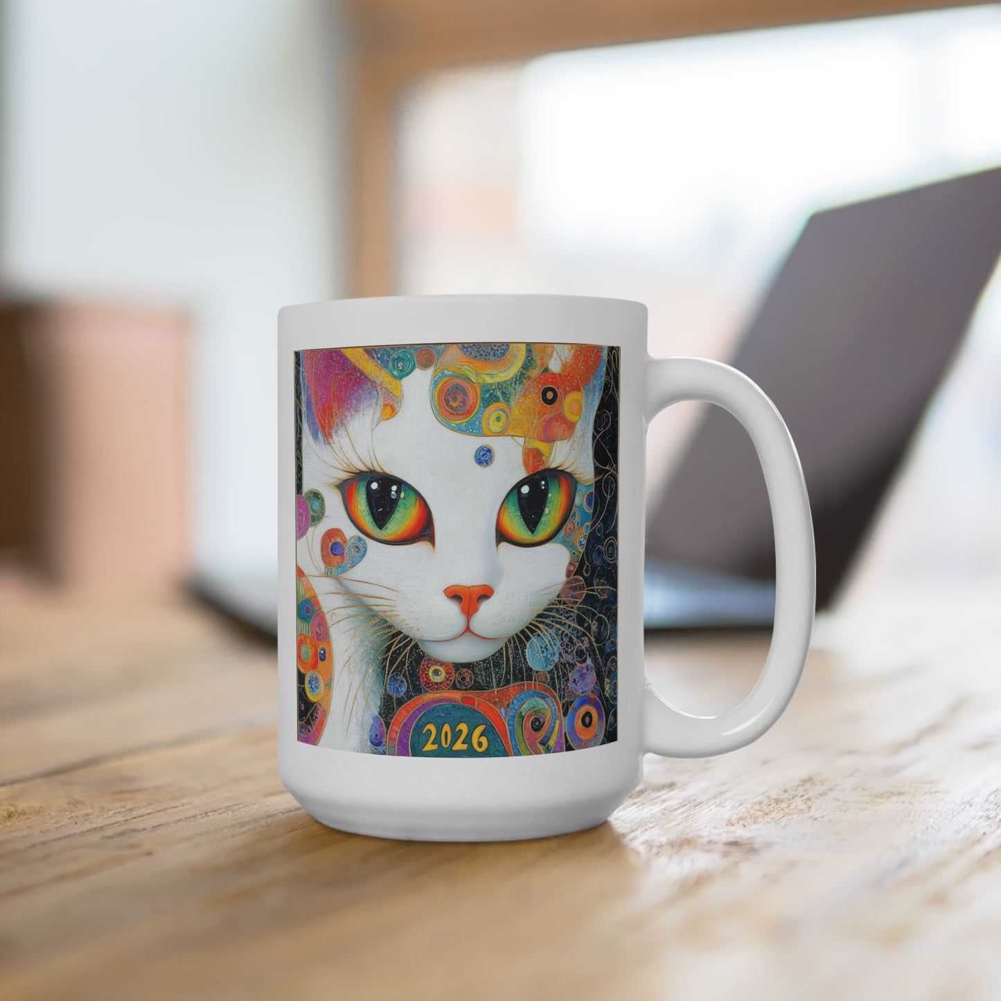 Happy New Year 2026 Colorful Whimsical Cat 15oz Mug | Rainbow Cat Art, 2026