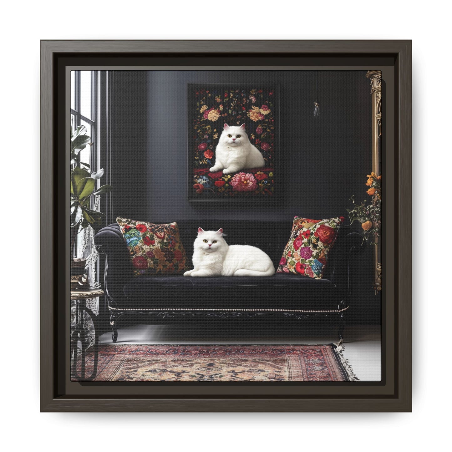 White Persian "House Cat" Portrait Matte Canvas Framed | Floral Still Life Wall Art