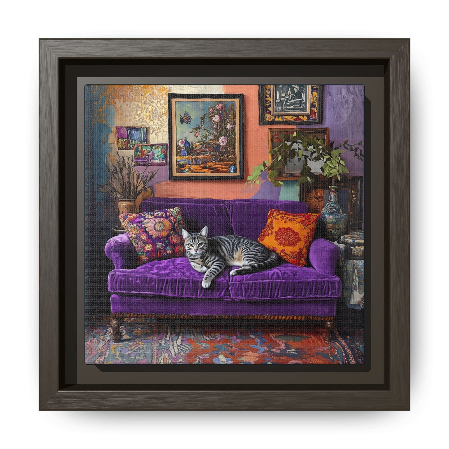 Tabby "House Cat" on Purple Velvet Sofa Matte Canvas Framed | Wall Art