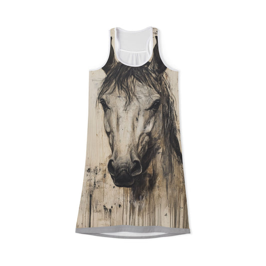 Elegant Horse Art Women's Racerback Dress, Boho Chic Outfit, Summer Dress, Gifts for Equestrians, Casual Wear for Horse Lovers