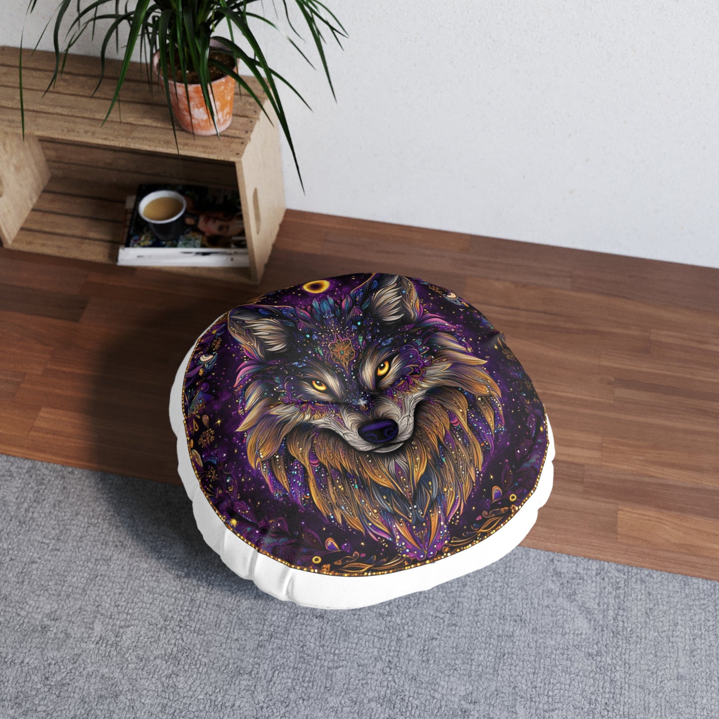 Mystical Wolf Tufted Floor Pillow, Round Decorative Cushion, Boho Living Room Decor, Cozy Meditation Pillow, Unique Gift Idea