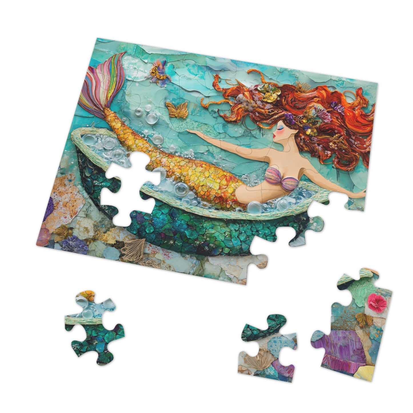 Bubbles Mermaid Bath Tub Jigsaw Puzzle with Tin | Colorful Redhead Mermaid Art Puzzle