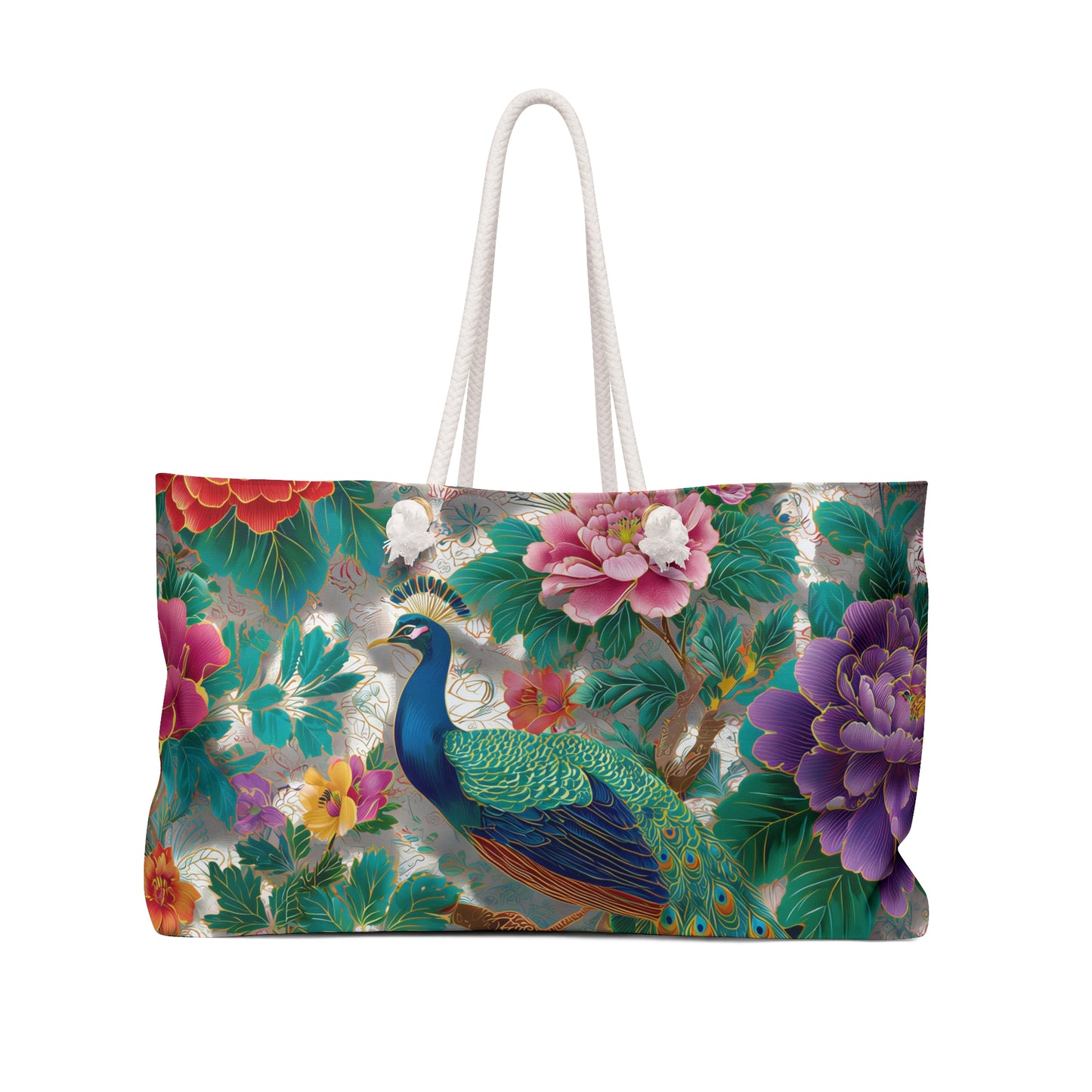 Chino Peacock Floral Weekender Bag  Vibrant Botanical Peacock Tote