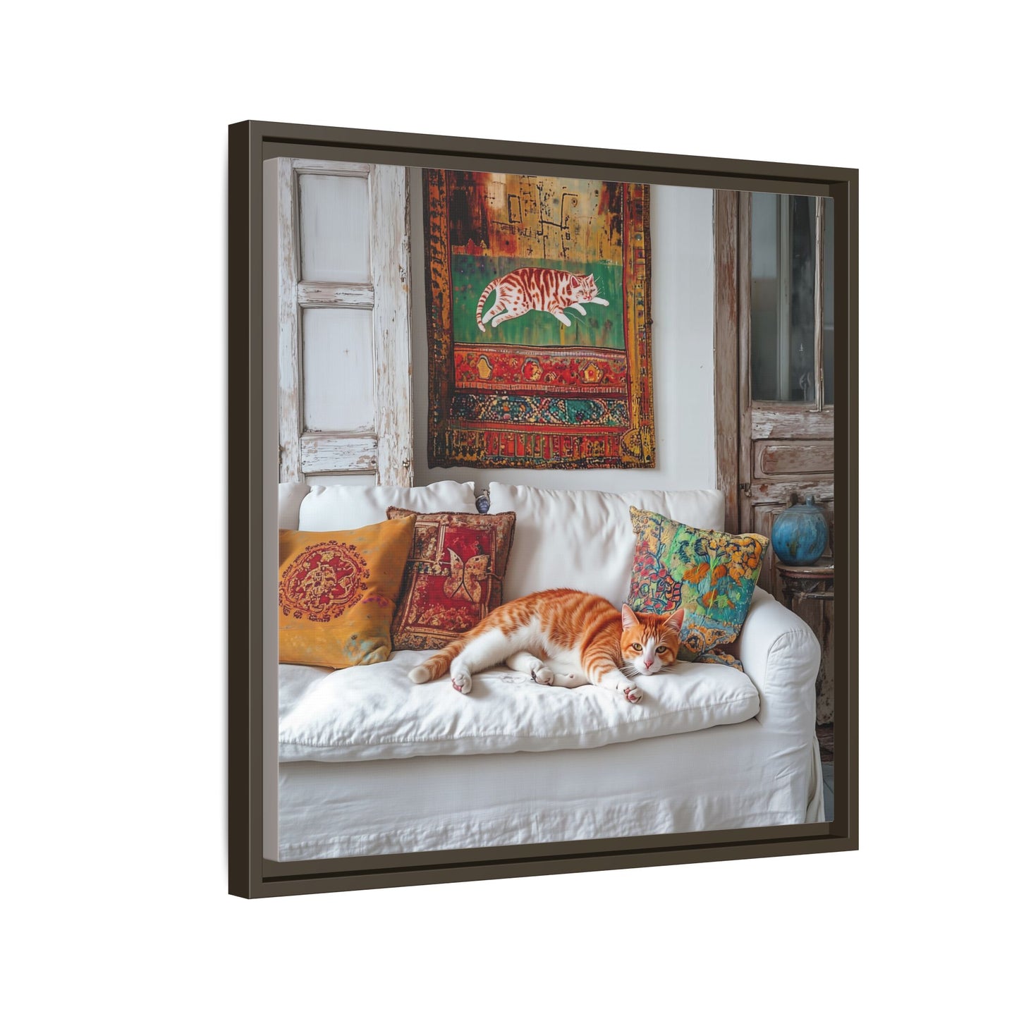 Orange Tabby "House Cat" Sleeping Ginger Cat Sofa Photo Framed Canvas