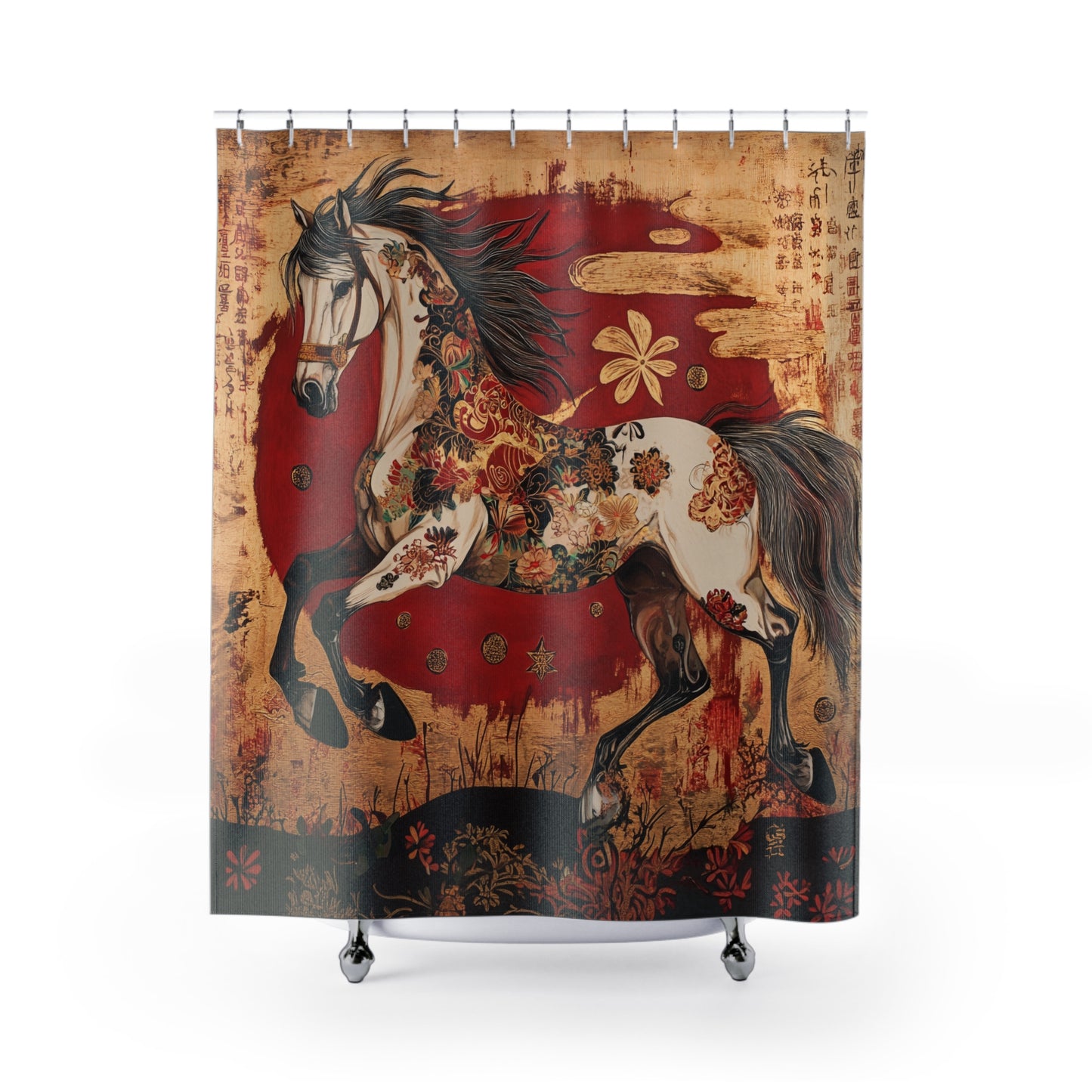 Year of The Horse Shower Curtain Asian Motif Equestrian Bath 71" x 74"