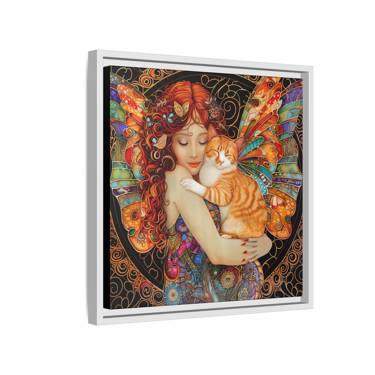 Framed "Tabby"  Fantasy Canvas Art Print - Whimsical Wall Decor, Fairy and Cat Illustration, Magical Gift for Cat Lovers
