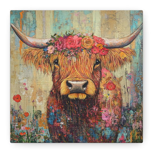 Floral Highland Cow Canvas Wall Art, Colorful Animal Decor, Farmhouse Home Design, Gift for Cow Lovers, Rustic Wall Decor, Nature Inspired