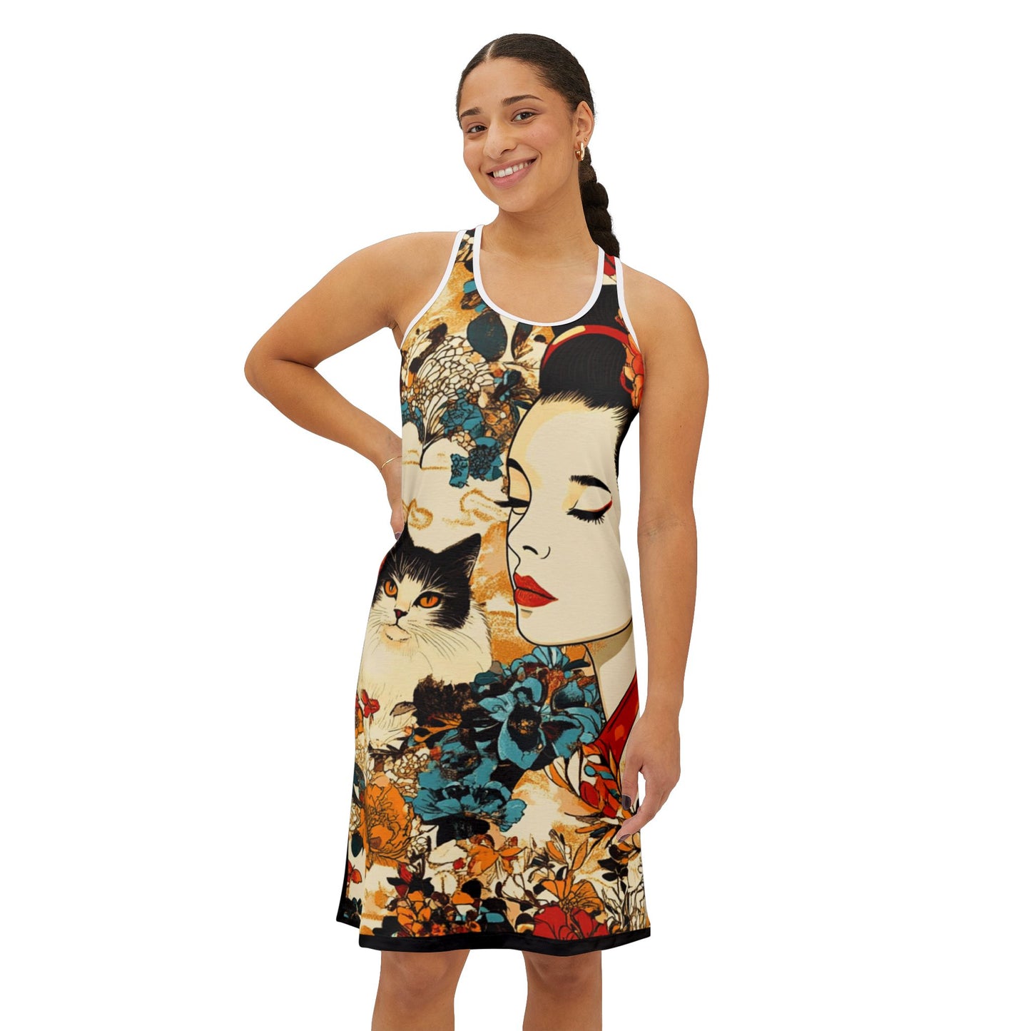 Geisha Cat Elegant Floral Racerback Dress, Bohemian Style, Summer Dress, Casual Outfit, Vintage Aesthetic, Everyday Wear