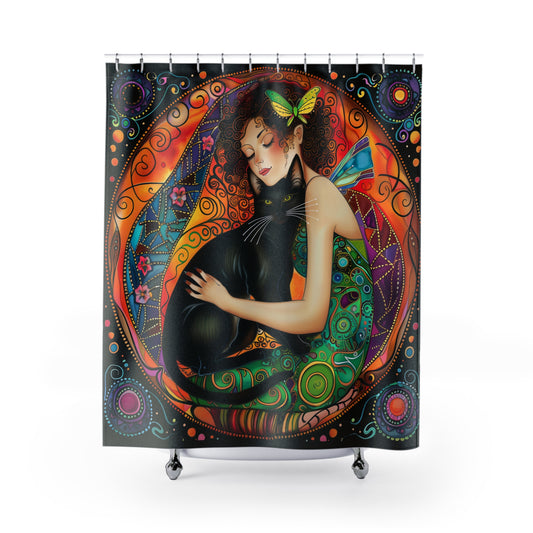 Whimsical Fairy Cat Shower Curtain – Enchanting Bathroom Décor for Cat Lovers