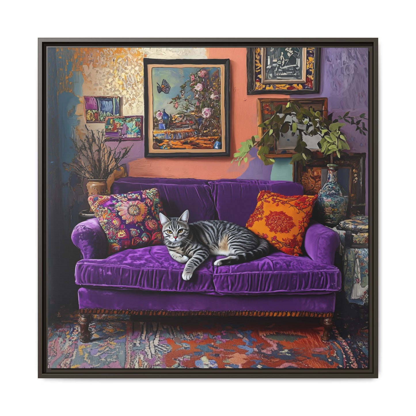 Tabby "House Cat" on Purple Velvet Sofa Matte Canvas Framed | Wall Art