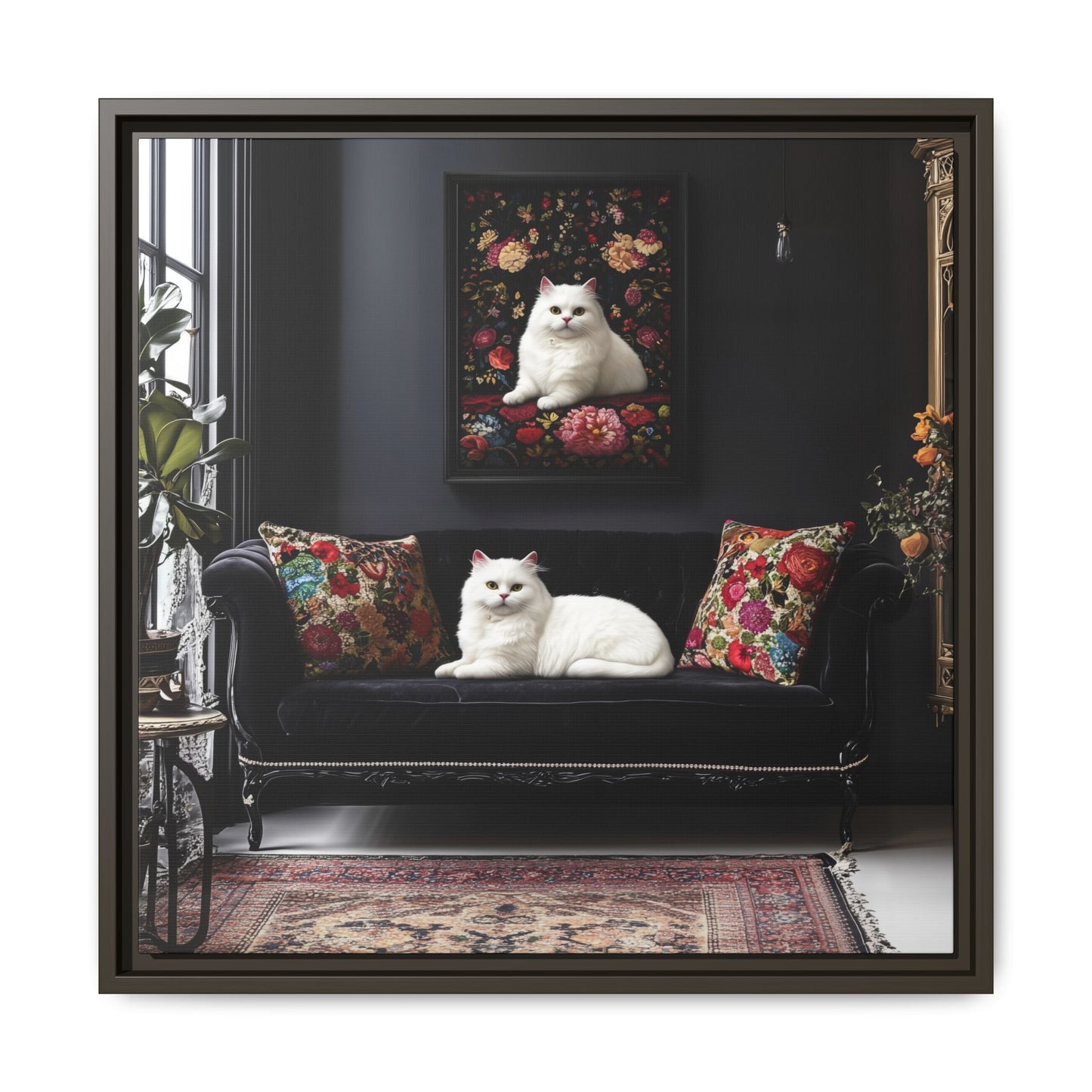 White Persian "House Cat" Portrait Matte Canvas Framed | Floral Still Life Wall Art