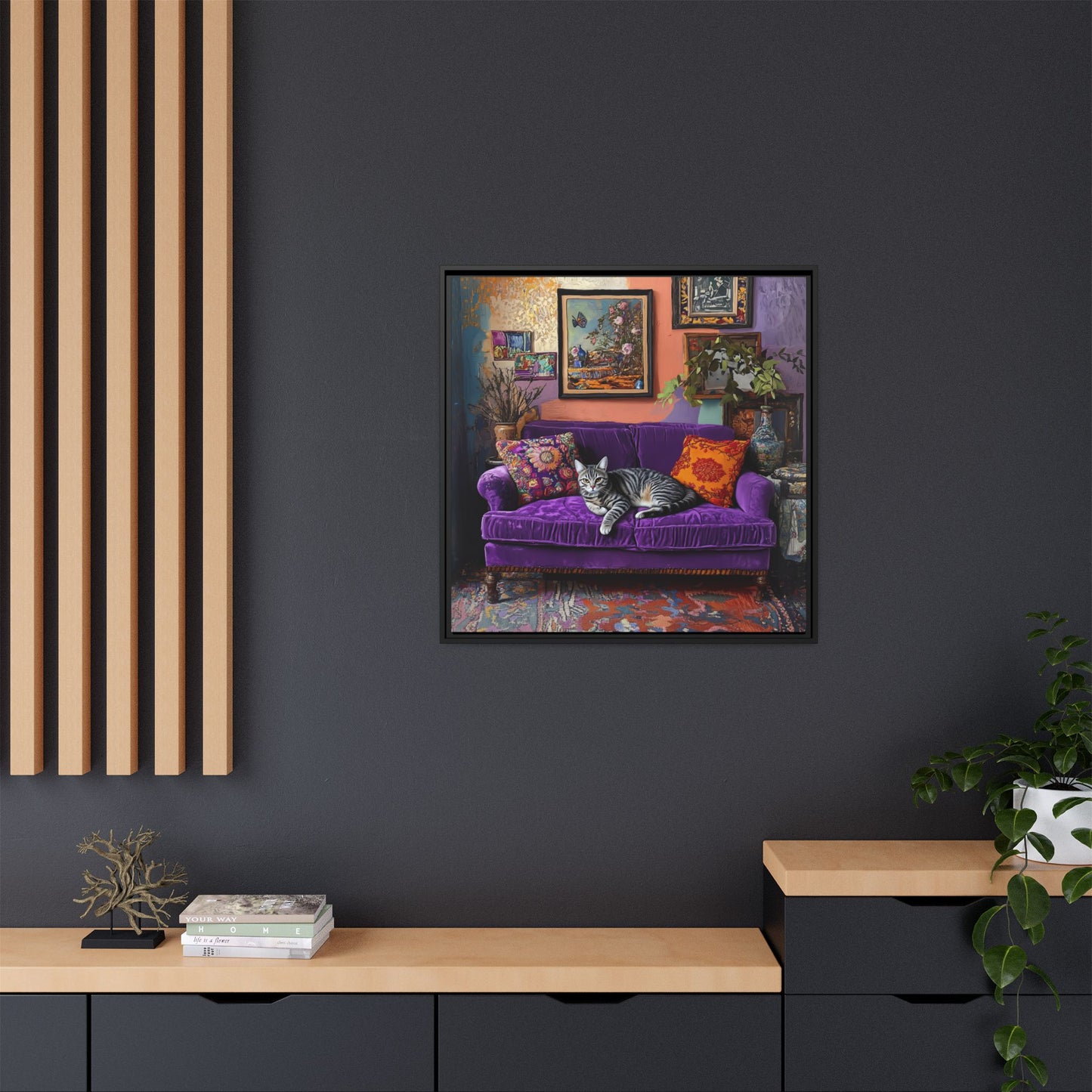Tabby "House Cat" on Purple Velvet Sofa Matte Canvas Framed | Wall Art