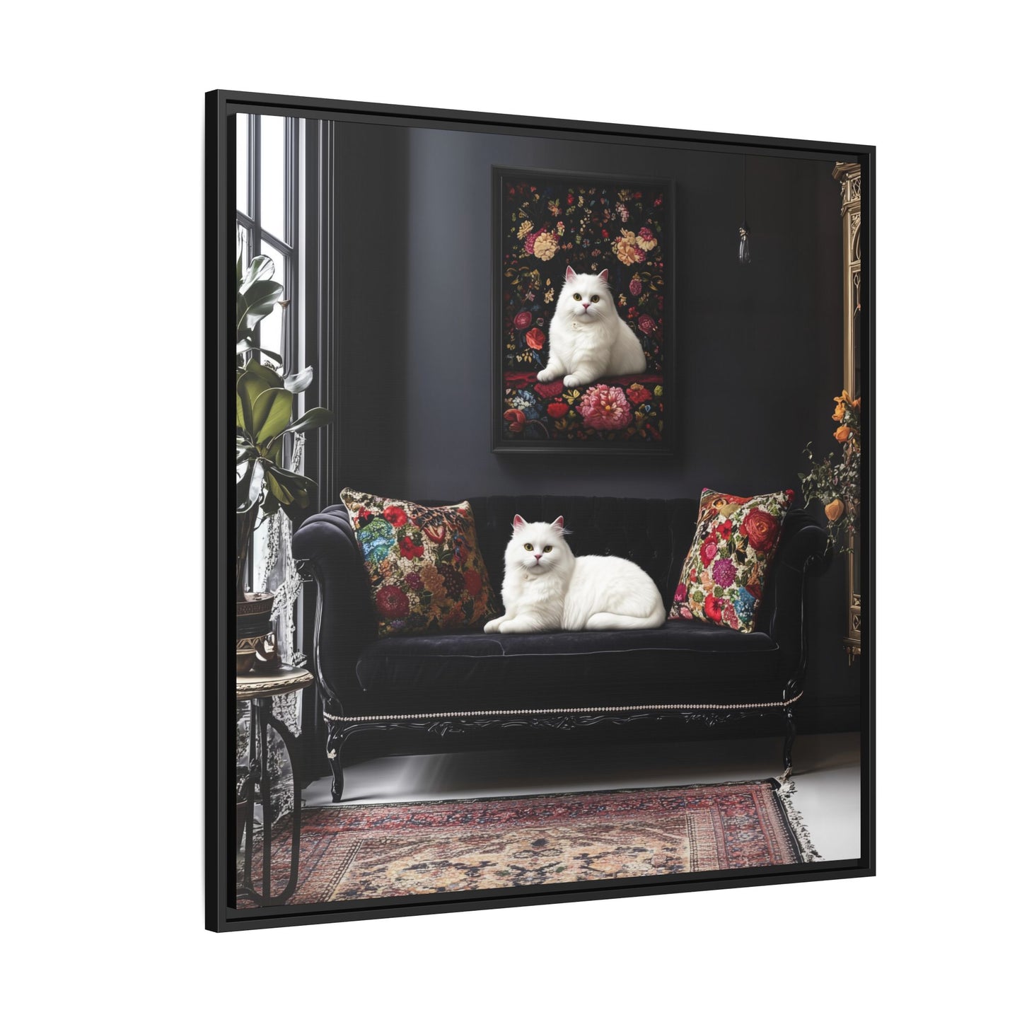 White Persian "House Cat" Portrait Matte Canvas Framed | Floral Still Life Wall Art
