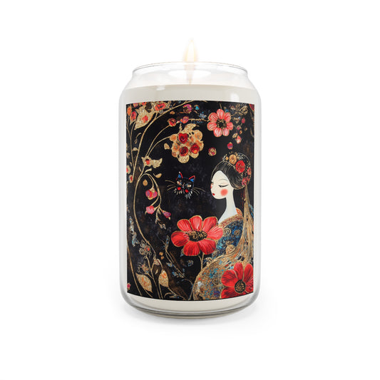 Elegant Geisha Cat Scented Soy Candle, Aromatherapy Gift, Hand-Poured Candle, Home Decor, Floral Design, Relaxation Gift
