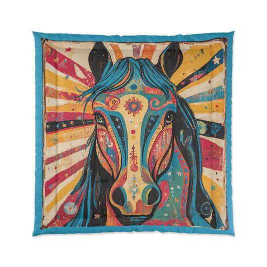 Mid Century Modern Horse Comforter | Boho Animal Bedding, Vibrant Sunset Stripes