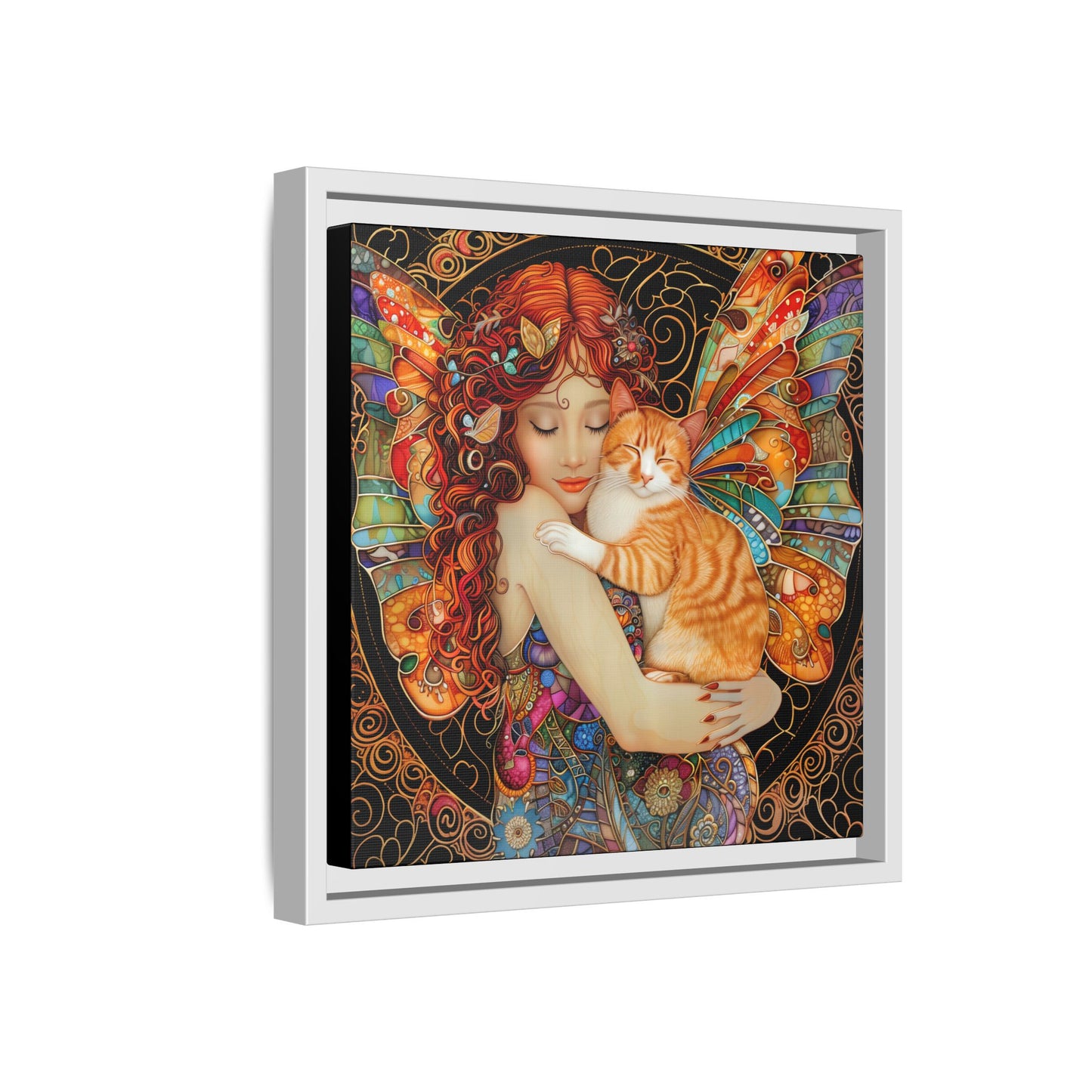 Framed "Tabby"  Fantasy Canvas Art Print - Whimsical Wall Decor, Fairy and Cat Illustration, Magical Gift for Cat Lovers