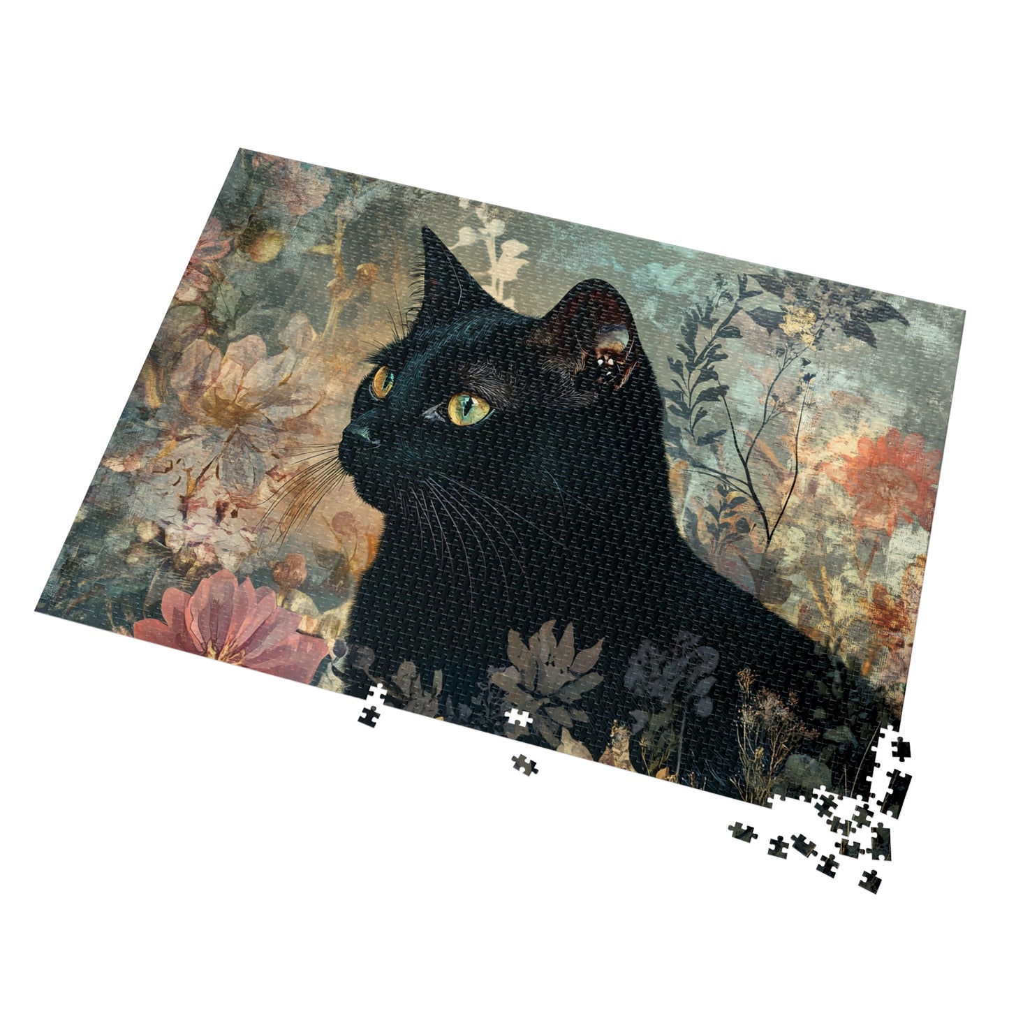 Black Cat Floral Art Jigsaw Puzzle with Tin