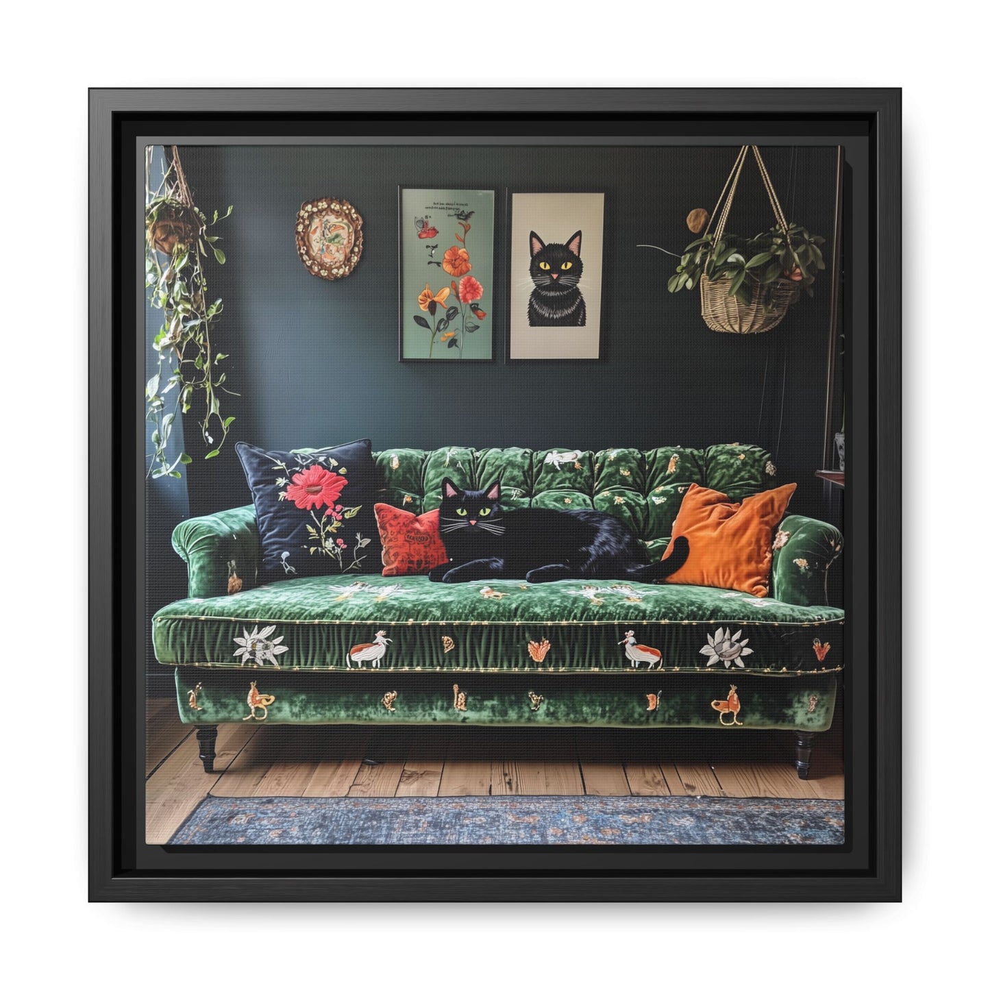 Black "House Cat" Living Room Art Matte Canvas Framed, Green Sofa Boho