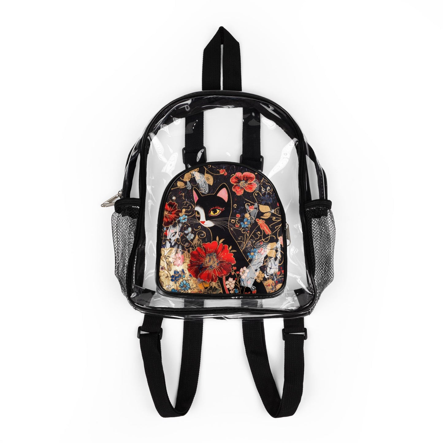 Geisha Cat Clear Stadium Backpack, Transparent Bag, Floral Design Backpack, Clear Tote for Events, Stadium Approved Bag, Festival Backpack