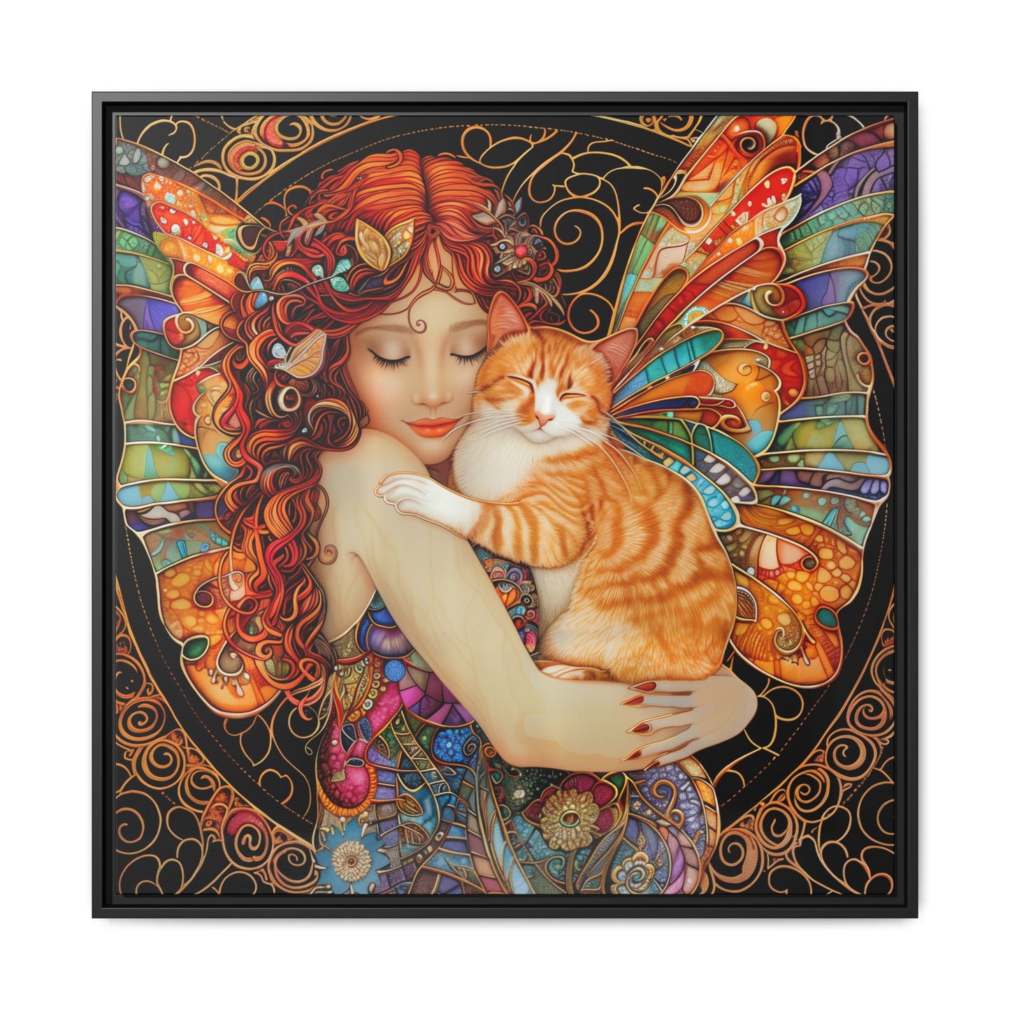 Framed "Tabby"  Fantasy Canvas Art Print - Whimsical Wall Decor, Fairy and Cat Illustration, Magical Gift for Cat Lovers