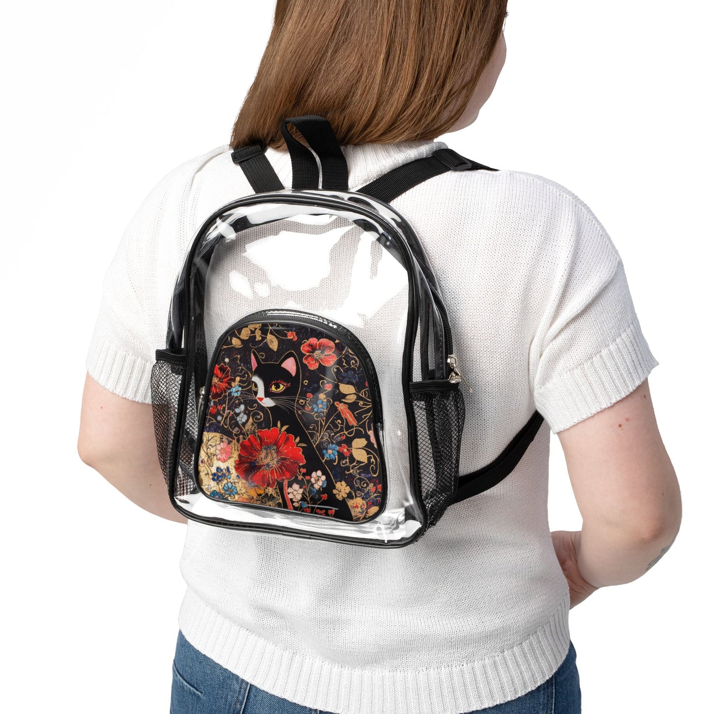 Geisha Cat Clear Stadium Backpack, Transparent Bag, Floral Design Backpack, Clear Tote for Events, Stadium Approved Bag, Festival Backpack