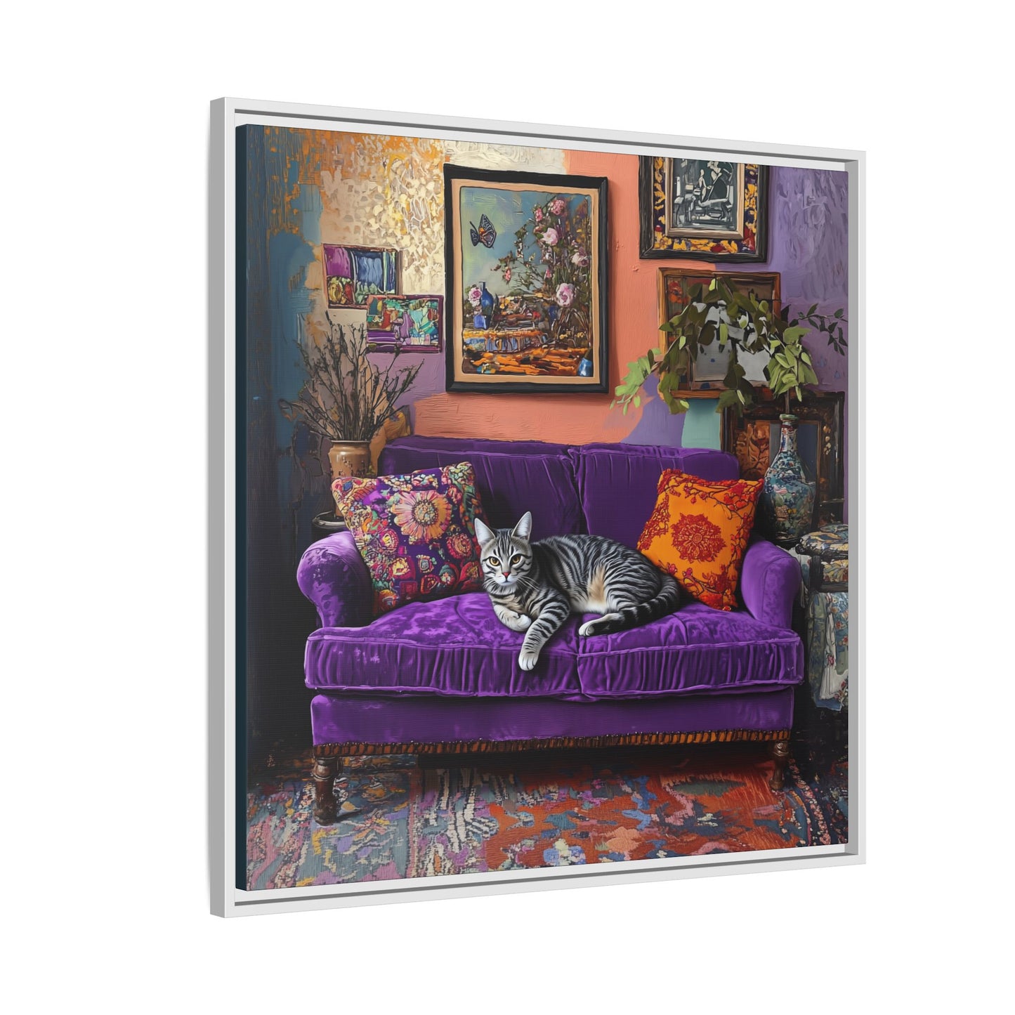 Tabby "House Cat" on Purple Velvet Sofa Matte Canvas Framed | Wall Art