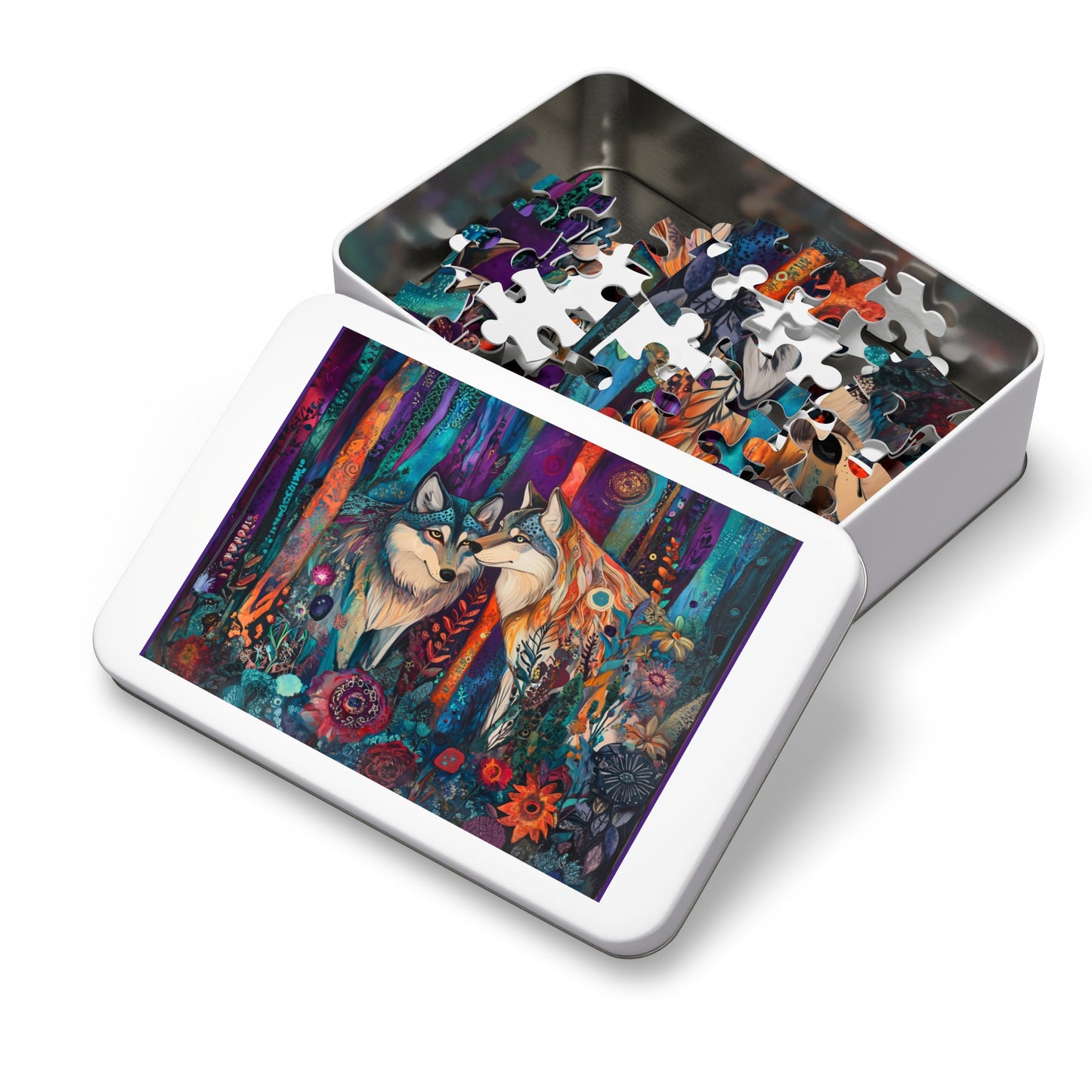 Mystic Wolves jigsaw puzzle with tin | colorful forest wolf art