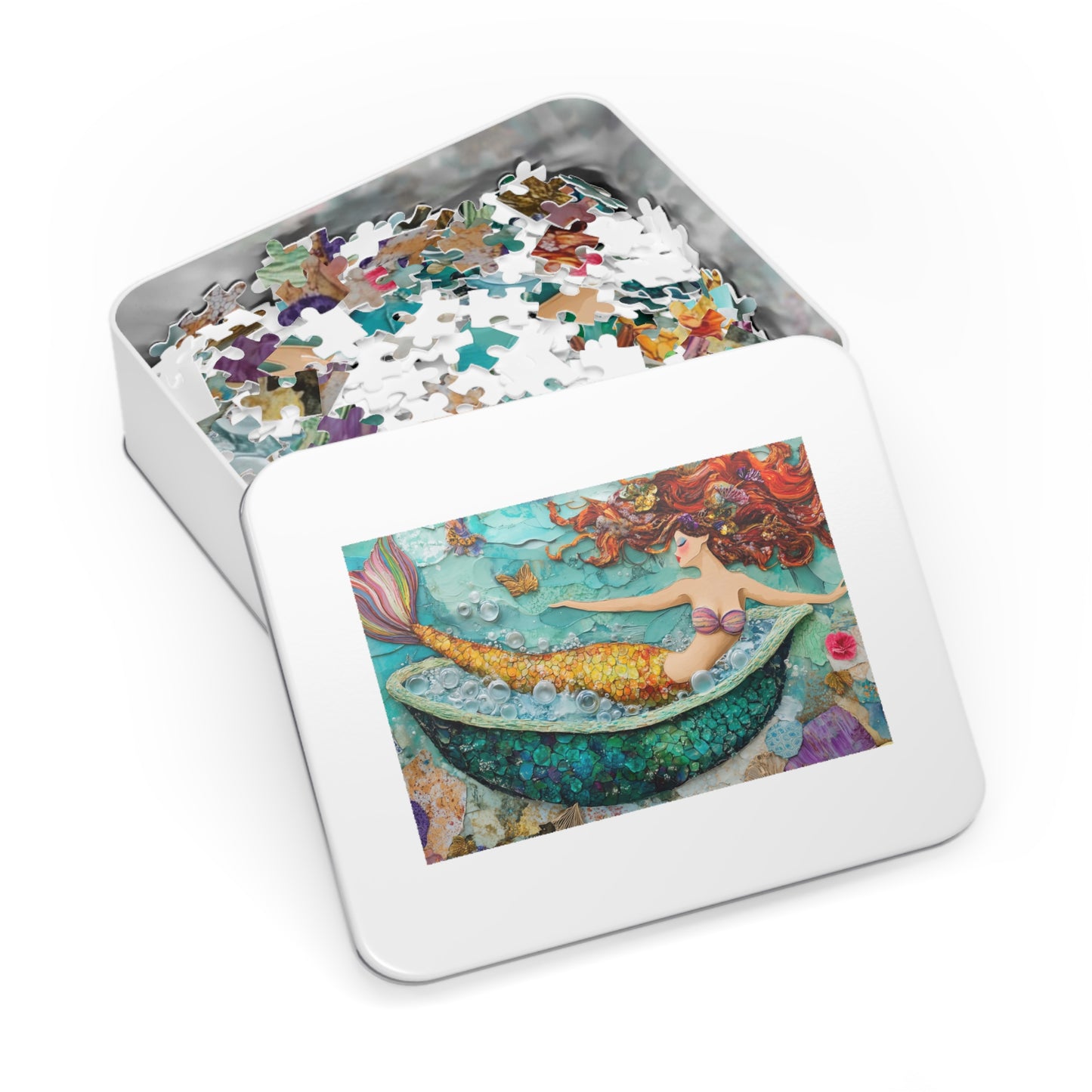 Bubbles Mermaid Bath Tub Jigsaw Puzzle with Tin | Colorful Redhead Mermaid Art Puzzle