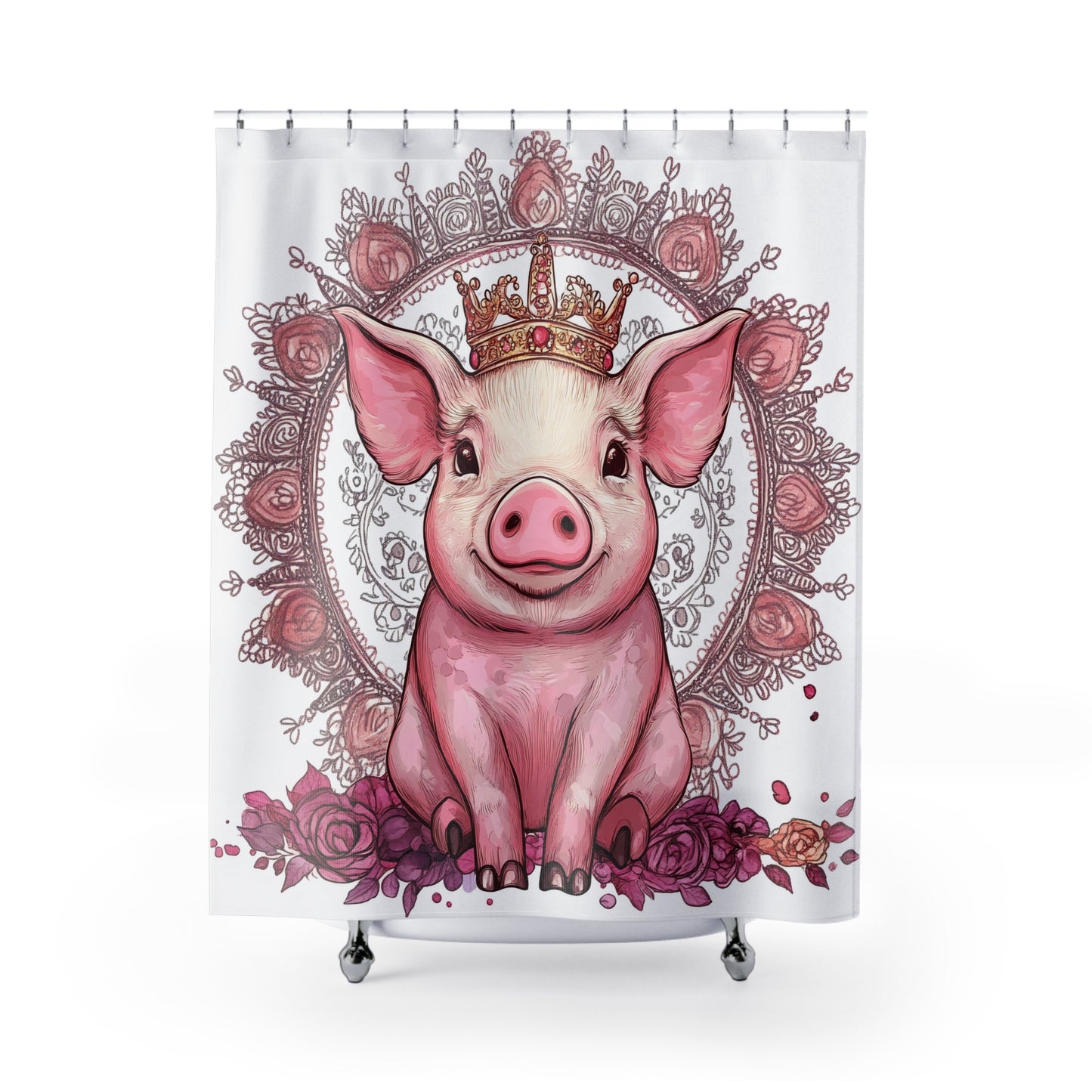 Princess Pig Shower Curtain, Cute Farmhouse Decor, Bathroom Accessories, Animal Lover Gift, Queen Pig Design