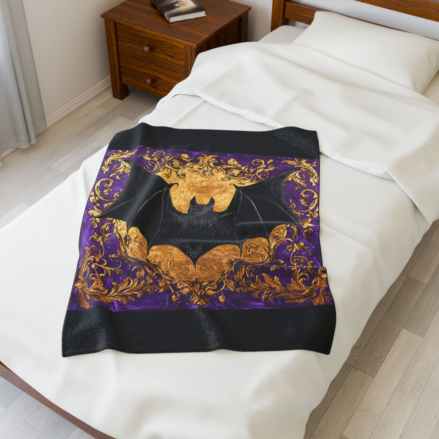 Bohemian Baroque Bat Velveteen Plush Blanket - Cozy Home Decor, Halloween Throw, Gothic Decor, Luxurious Gift
